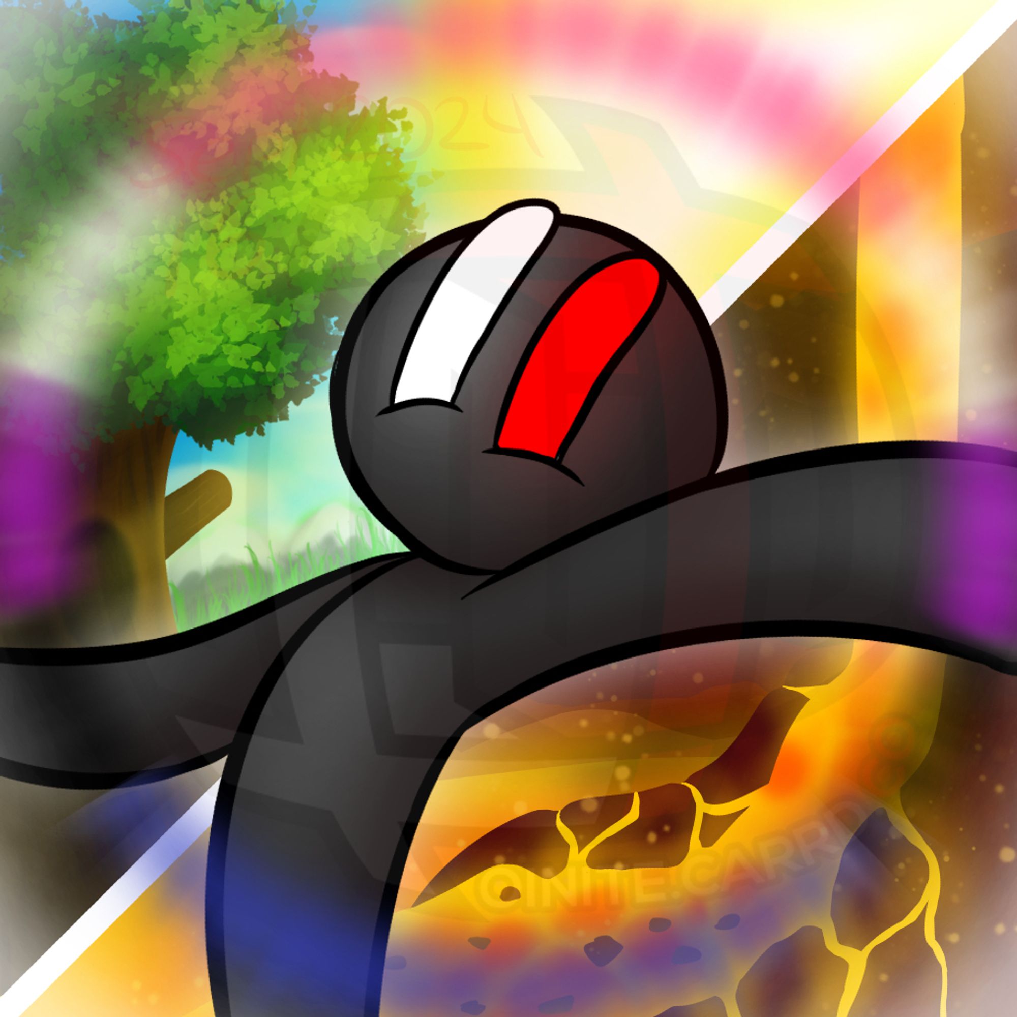 Stylized stickfigure with a white and red eye. Background is split in half. The first half is set in a grassy field with a lone tree and sun. The second half is set in a cave with a large amount of lava with a lone lava-fall.