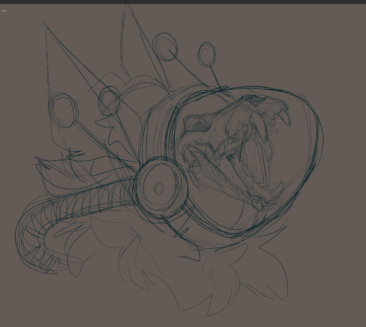 tan background with a very loose rough sketch of a canine skull in a protogen-style glass diving helmet. There are tubes on either side of the helmet leading behind the character. The character's big fluffy ears are out and so is the back of the head/chest/neck fluff. 