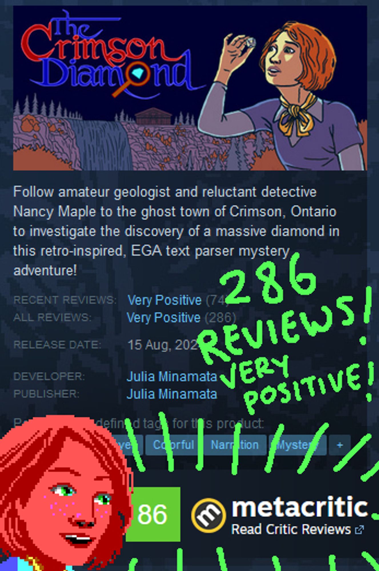 An image showing a cropped portion of The Crimson Diamond's Steam page, showcasing 286 reviews and the Metacritic score of 86.