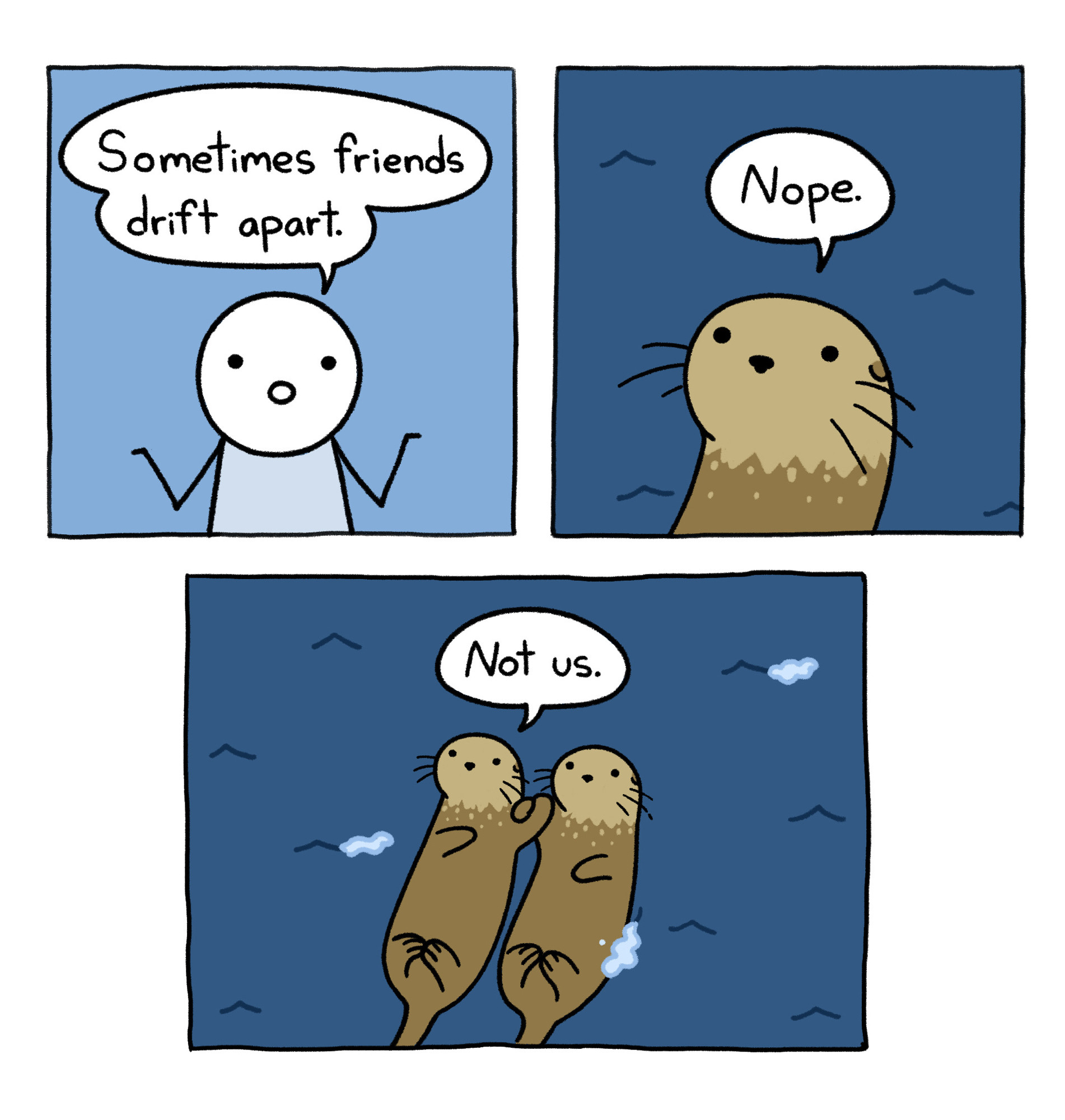 The image is of a three panel comic.

In panel one, a stick figure says “Sometimes friends drift apart.”
In panel two, we see a close up of an otter’s face. The otter says “nope.”
In panel three, we zoom out and see two otters holding hands/paws in the water. One otter says “not us.”