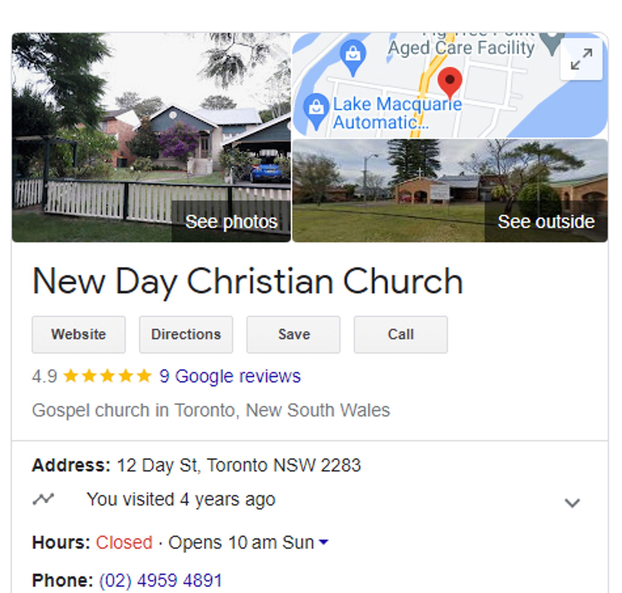 A screenshot of New Day Christian Church's Facebook page.
Address 12 Day Street, Toronto NSW 2283
Hours: Opens 10am Sunday
Phone: 02 4959 4891