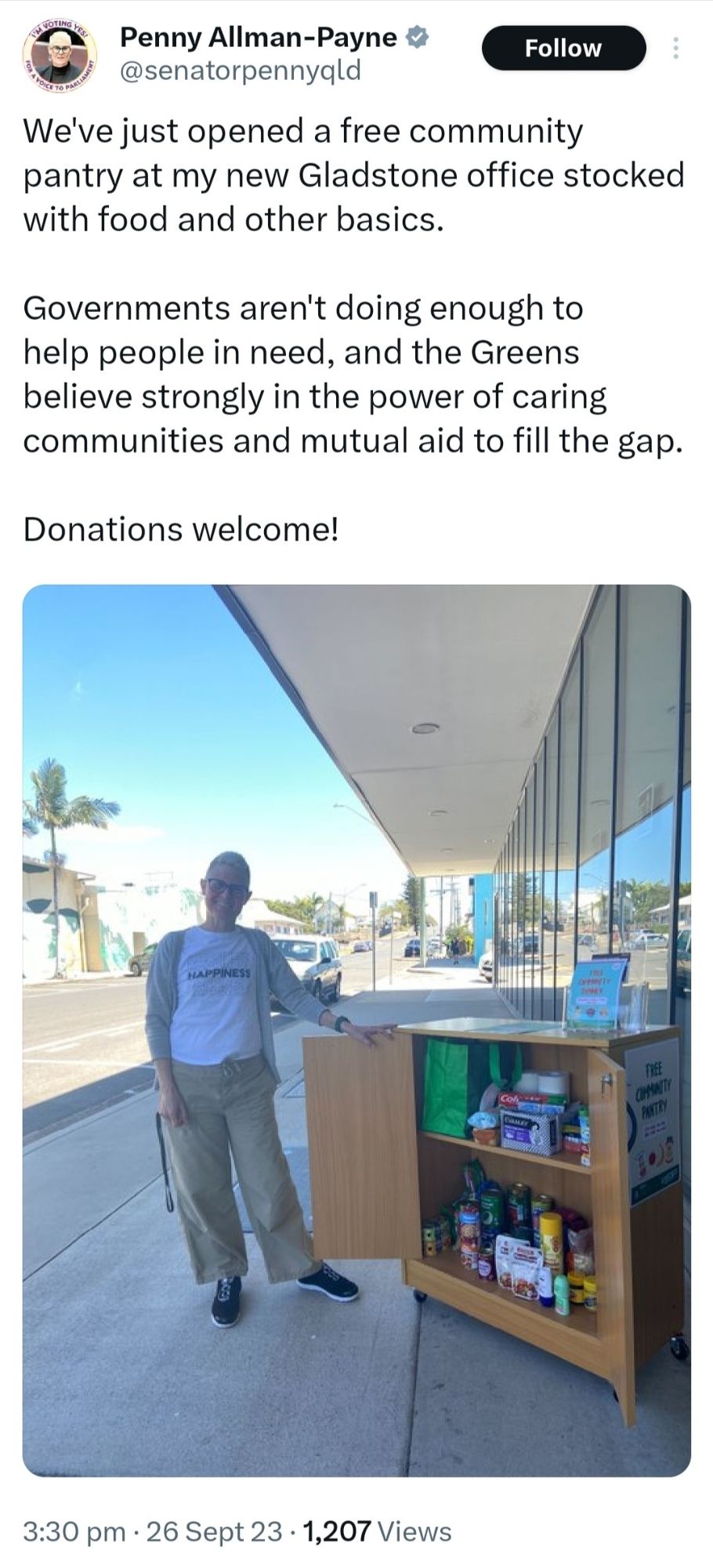 Tweet from Penny Allman-Payne @senatorpennyqld

We've just opened a free community pantry at my new Gladstone office stocked with food and other basics. 

Governments aren't doing enough to help people in need, and the Greens believe strongly in the power of caring communities and mutual aid to fill the gap.

Donations welcome!