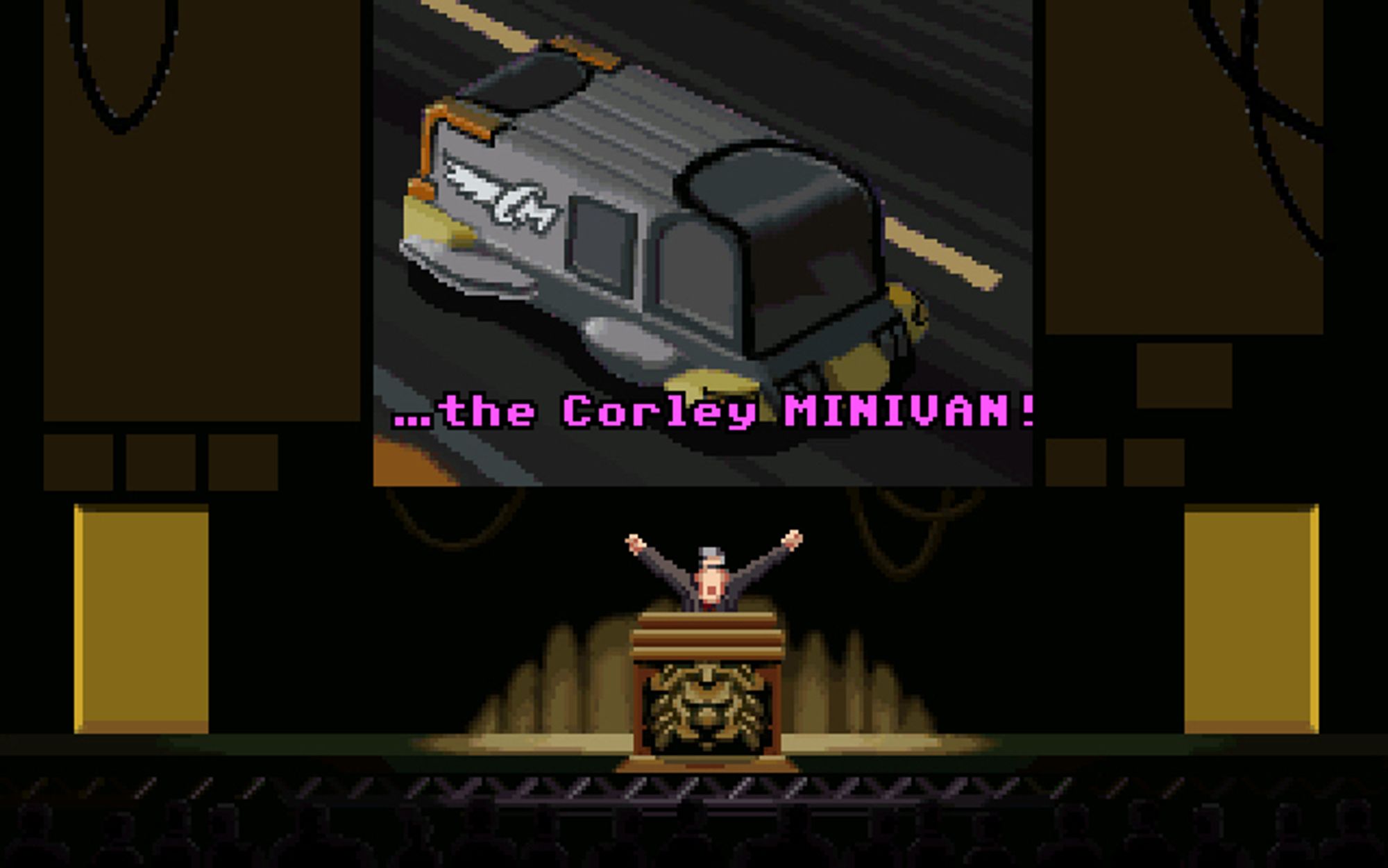 Adrian Ripburger at a podium announcing “…the Corley MINIVAN!” Behind him plays footage of some faux-futuristic shitbox pootling down a highway.