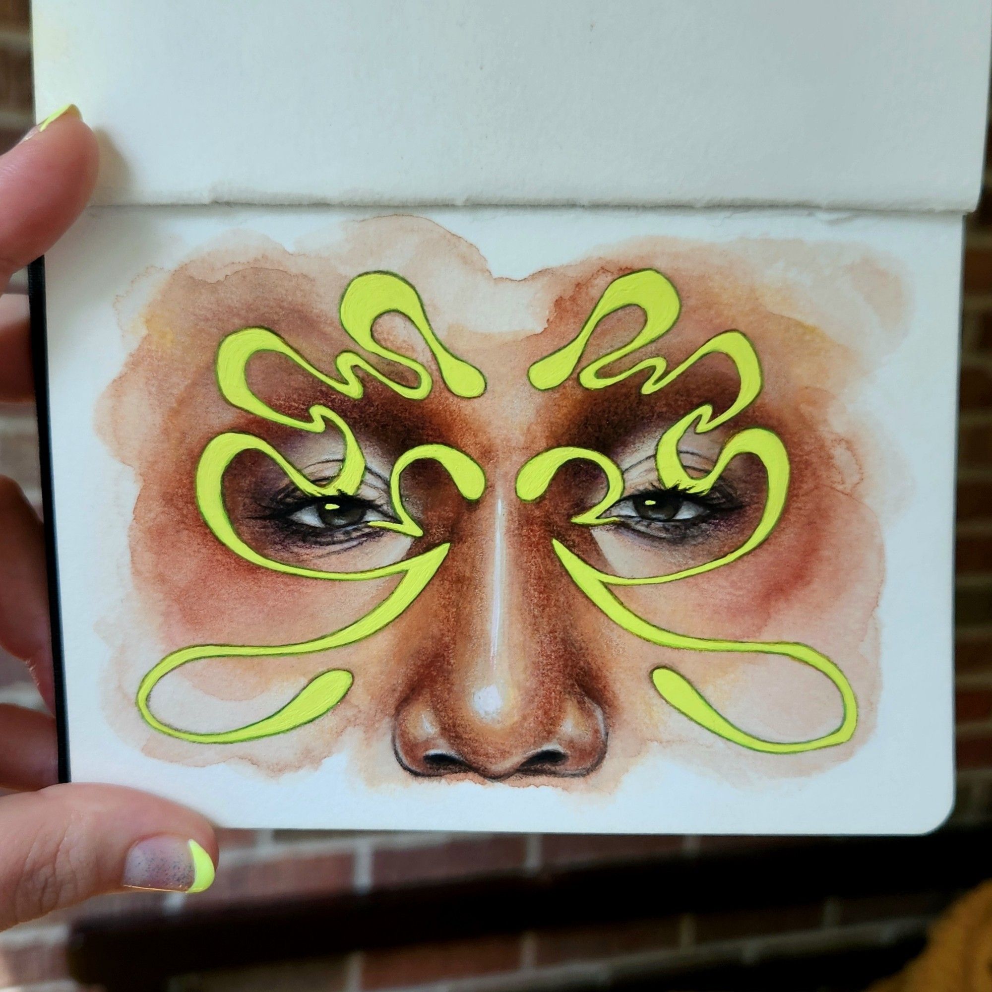 Small painting of a woman's eyes and nose rendered in messy layers of watercolor and refined with colored pencil. There are symmetrical squiggly neon yellow lines around each eye