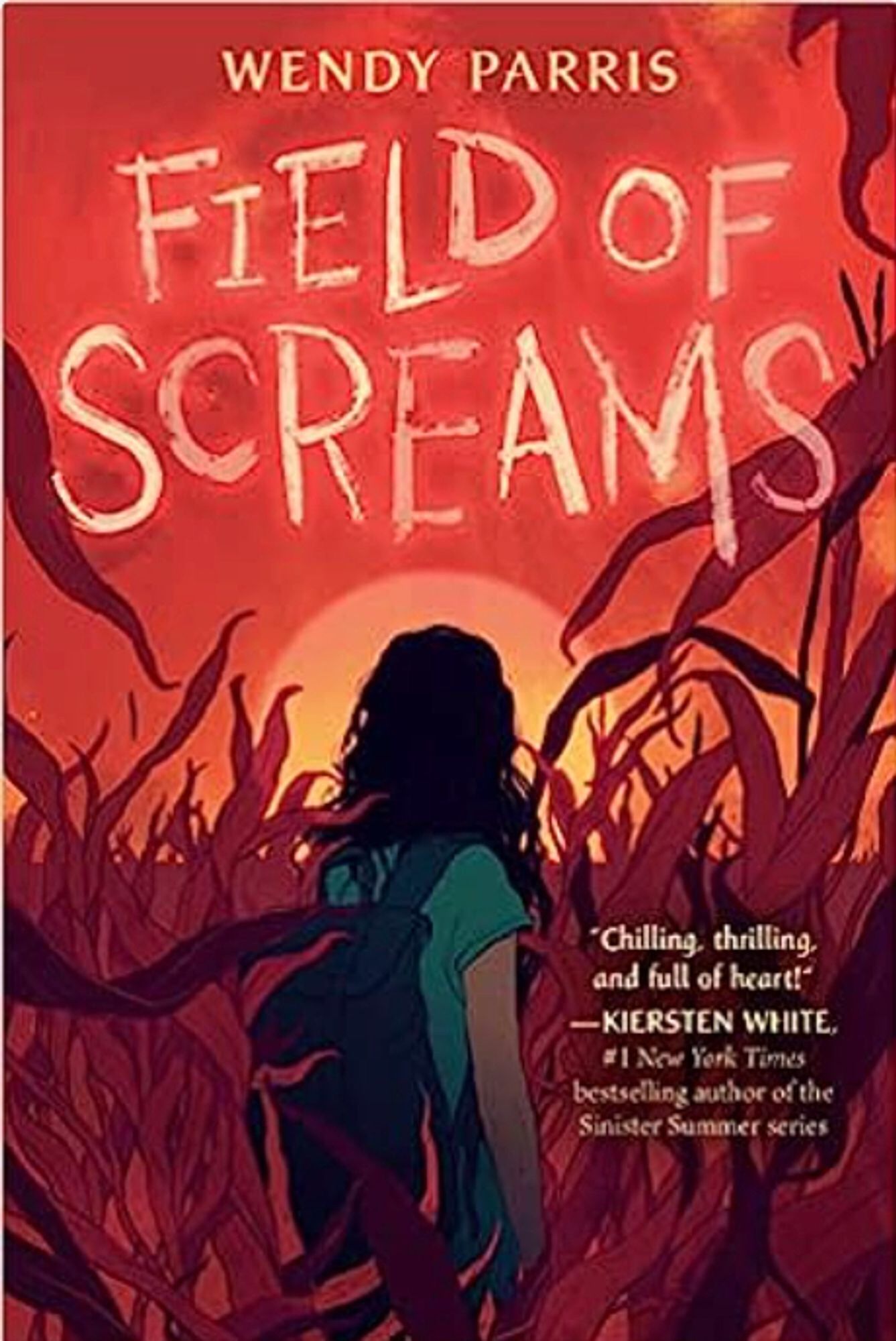 Cover of Field of Screams showing a young girl walking through an eerie cornfield at sunset.