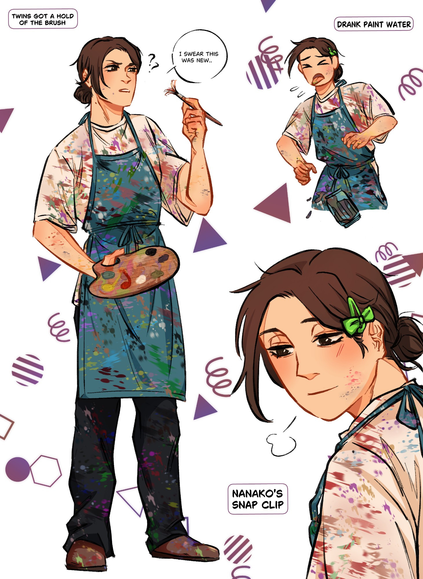 A full body of Jelena in artists attire, consisting of an apron and old shirt and pants filled with paint.