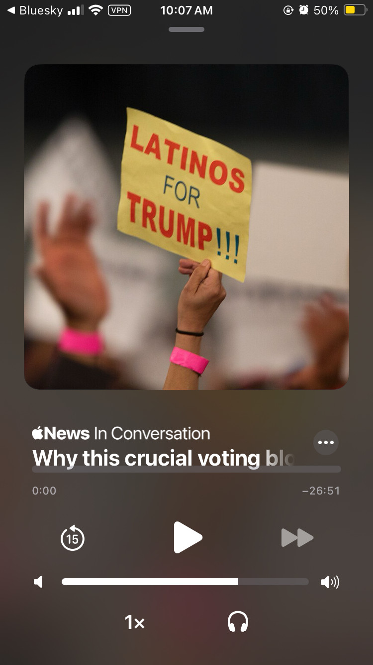 Podcast cover photo, with a picture of a rally sign: “Latinos for Trump!!!”