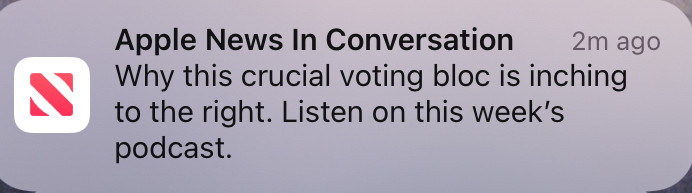 Apple News In Conversation
2m ago
Why this crucial voting bloc is inching to the right. Listen on this week's podcast.