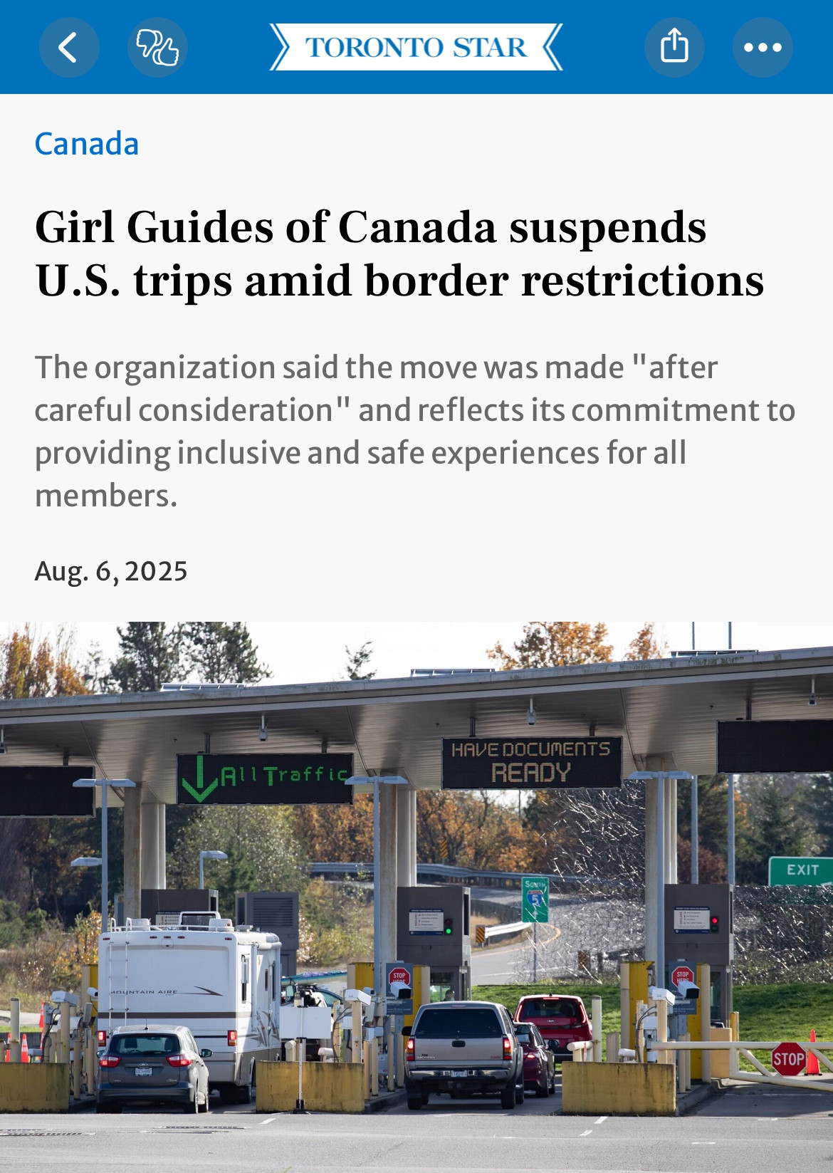 Toronto Star article:

Girl Guides of Canada suspends U.S. trips amid border restrictions
The organization said the move was made "after careful consideration" and reflects its commitment to providing inclusive and safe experiences for all members.