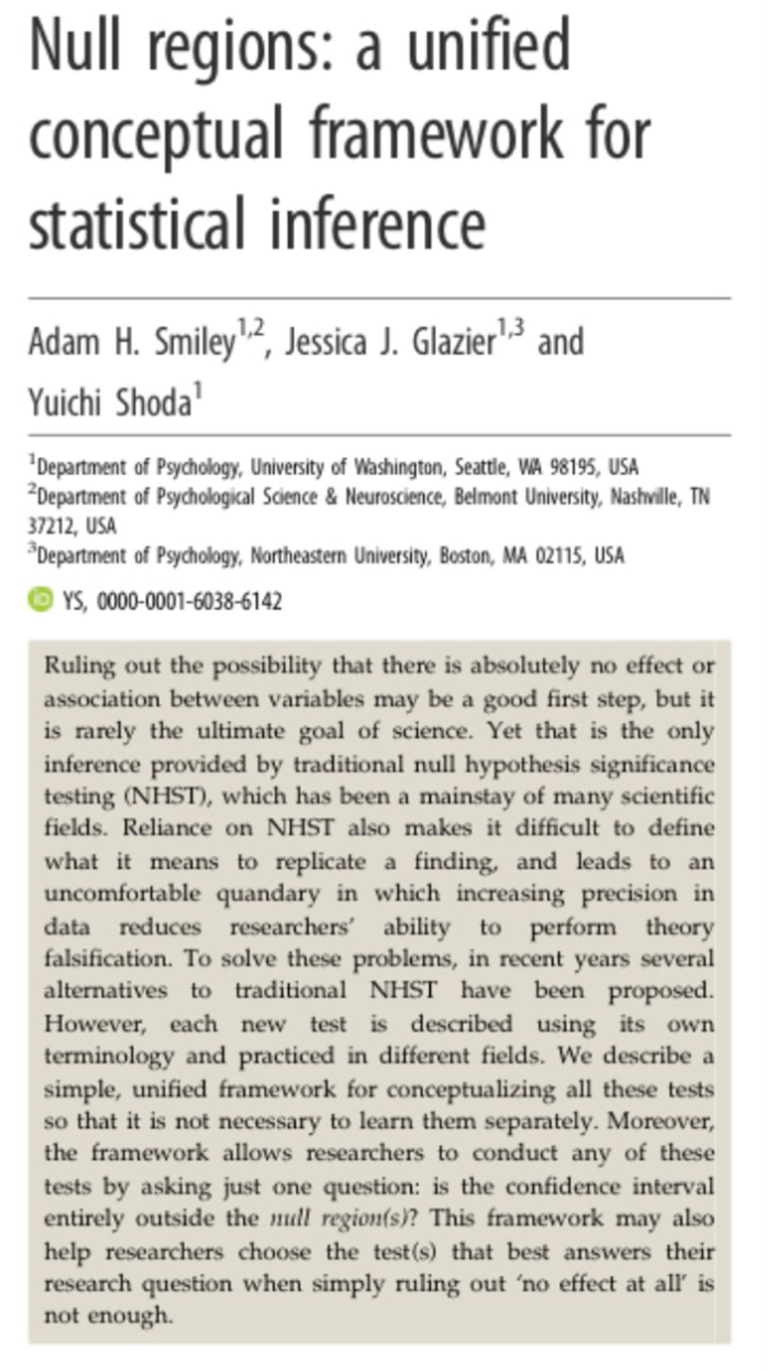 Abstract for the paper Null regions: a unified conceptual framework for statistical inference