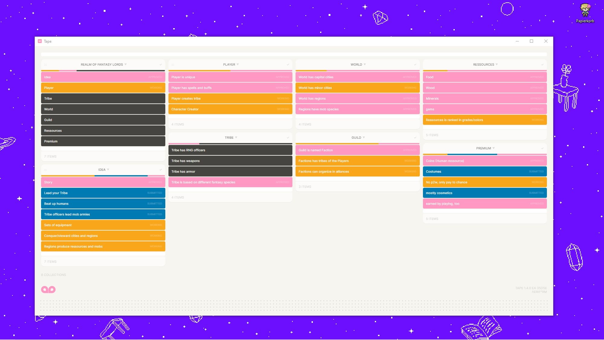 The project board with visions for Idea, Player, Tribe, World, Guild, Resources and Premium.