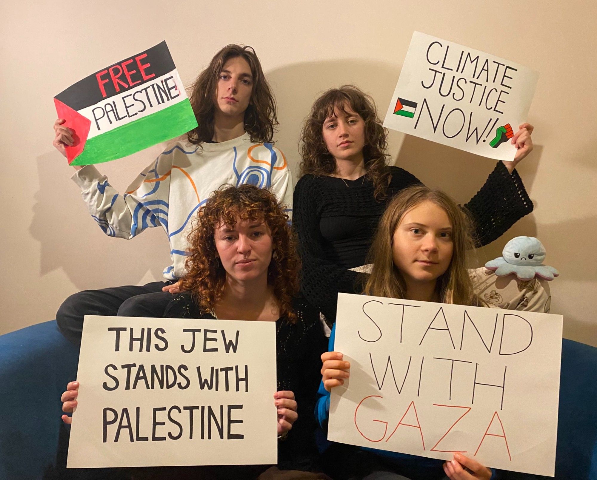 Greta Thunberg and others expressing their opinion about the near east conflict with a pro-palestine stance.