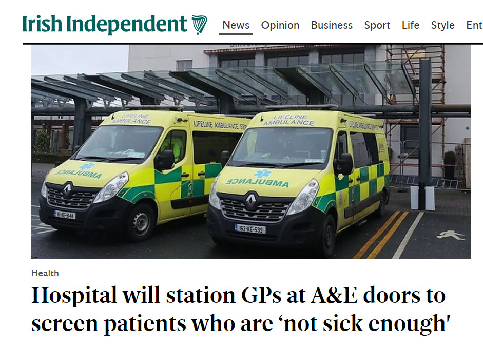 A screengrab from the Irish Independent news website featuring a photo of two ambulances waiting outside a hospital along with the headline, "Hospital will station GPs at A&E doors to screen patients who are 'not sick enough'.