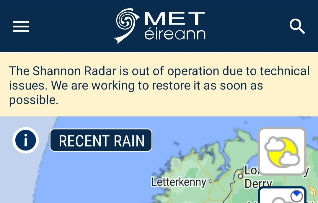 A screengrab from Met Éireann's rainfall radar map with the message, "The Shannon Radar is out of operation due to technical issues."