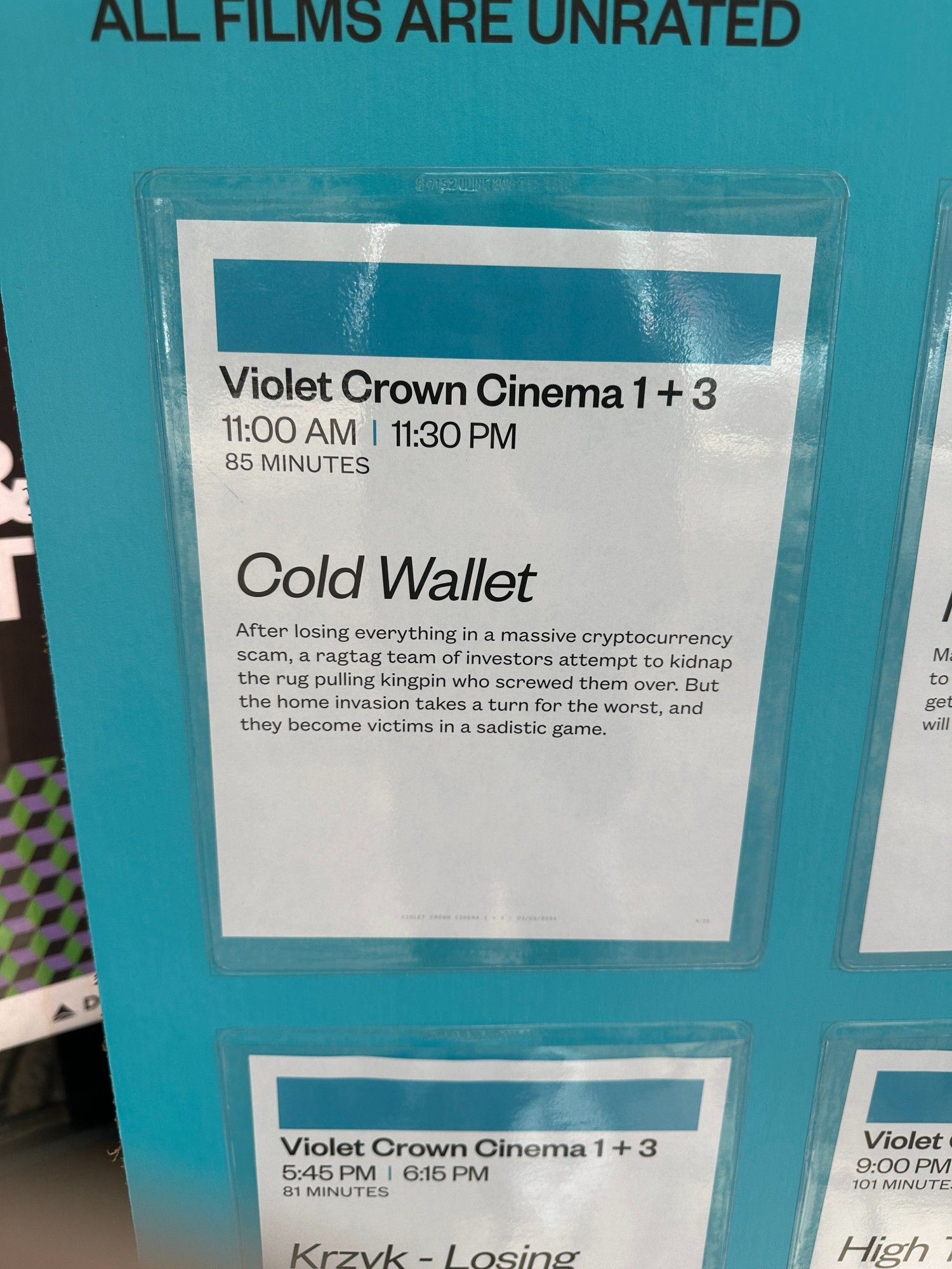 Cold Wallet flier with showtimes and description