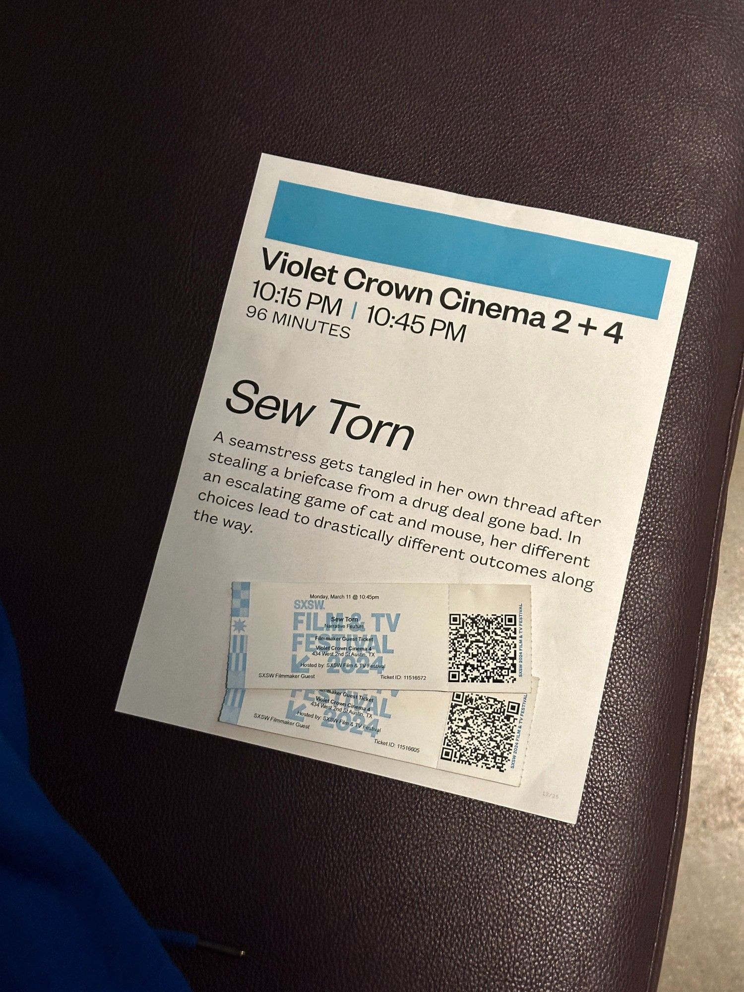 Sew Torn flier with showtimes and description