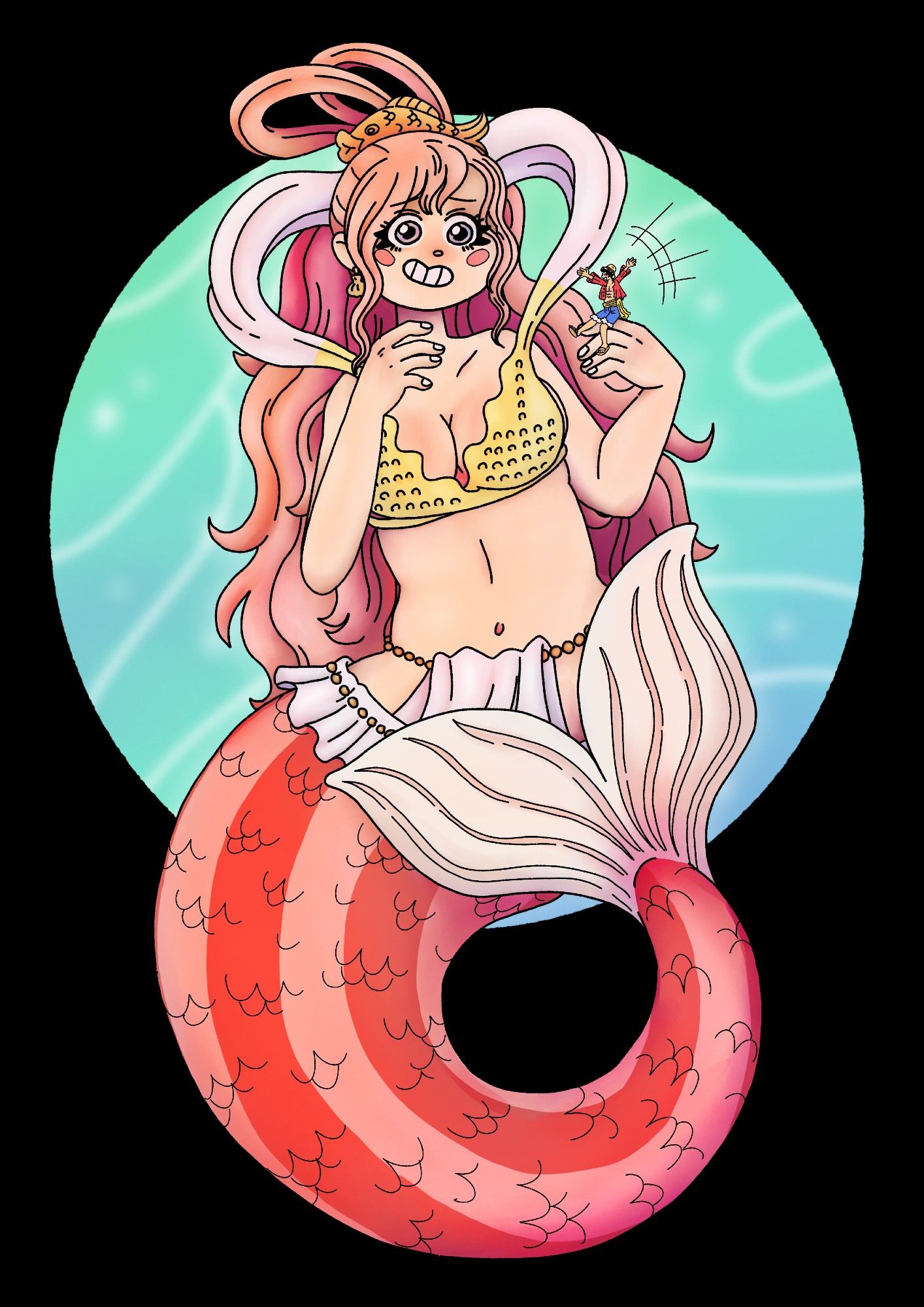 A fullbody digital art illustration of Princess Shirahoshi from anime/manga One Piece. There's a blue/turquoise gradient circle behind her upperbody that serves as the background and has a slight water texture on it. She's holding a tiny Luffy on one of her hands while the other is held to her face as she smiles alongside the smaller man.