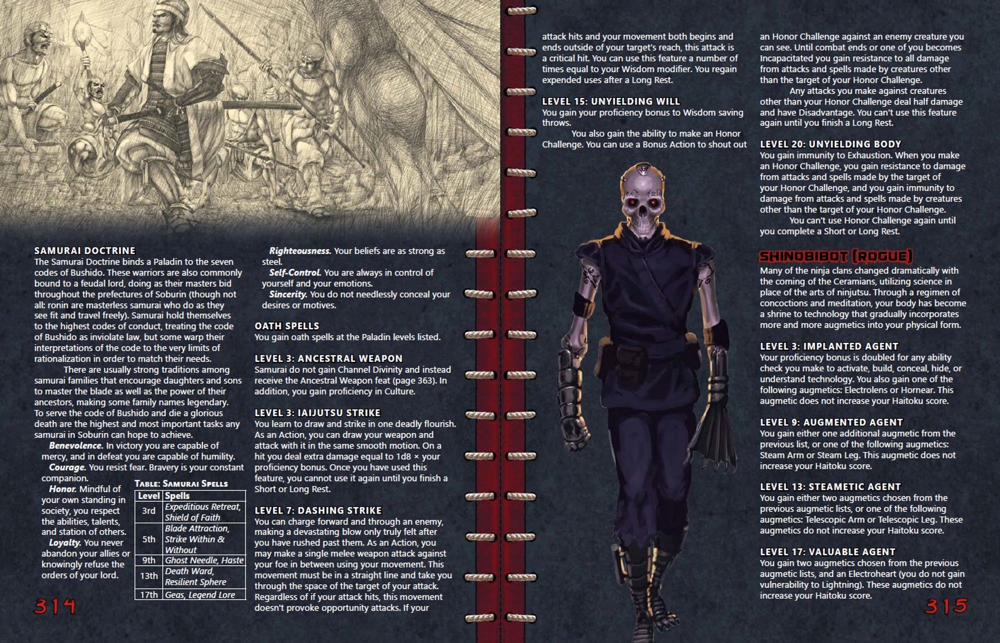 A page spread from the Mists of Akuma campaign setting that details the Samurai paladin archetype and Shinobibot rogue archetype. On the left is an illustration of a samurai about to be beset upon by bandits, on the right is an undead-cyborg with robotic prostheses.