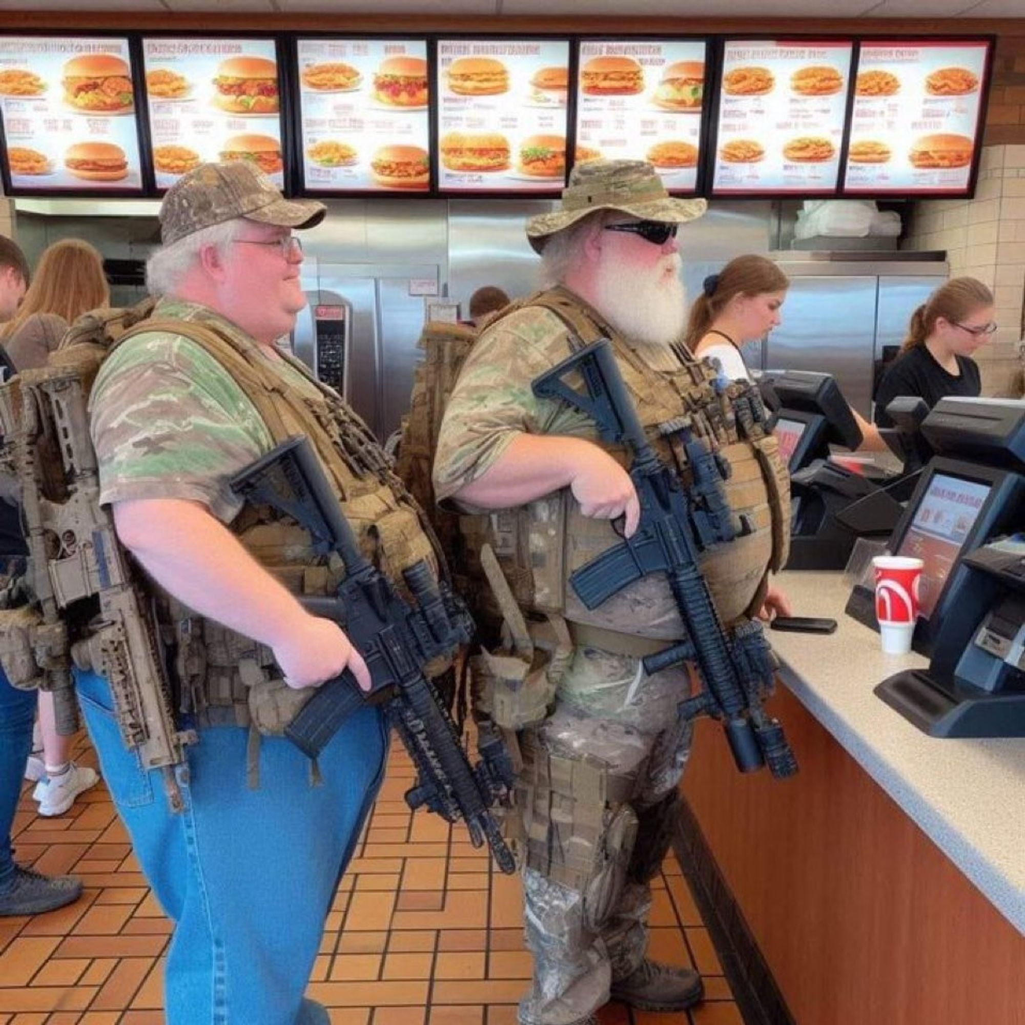 Two large men with guns in line at a fast food restaurant