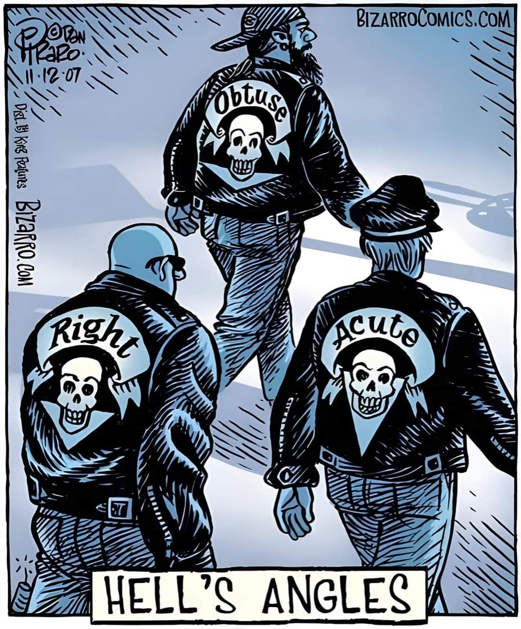 Cartoon of three bikers, named right, acute, and obtuse, with the caption "Hell's Angles."