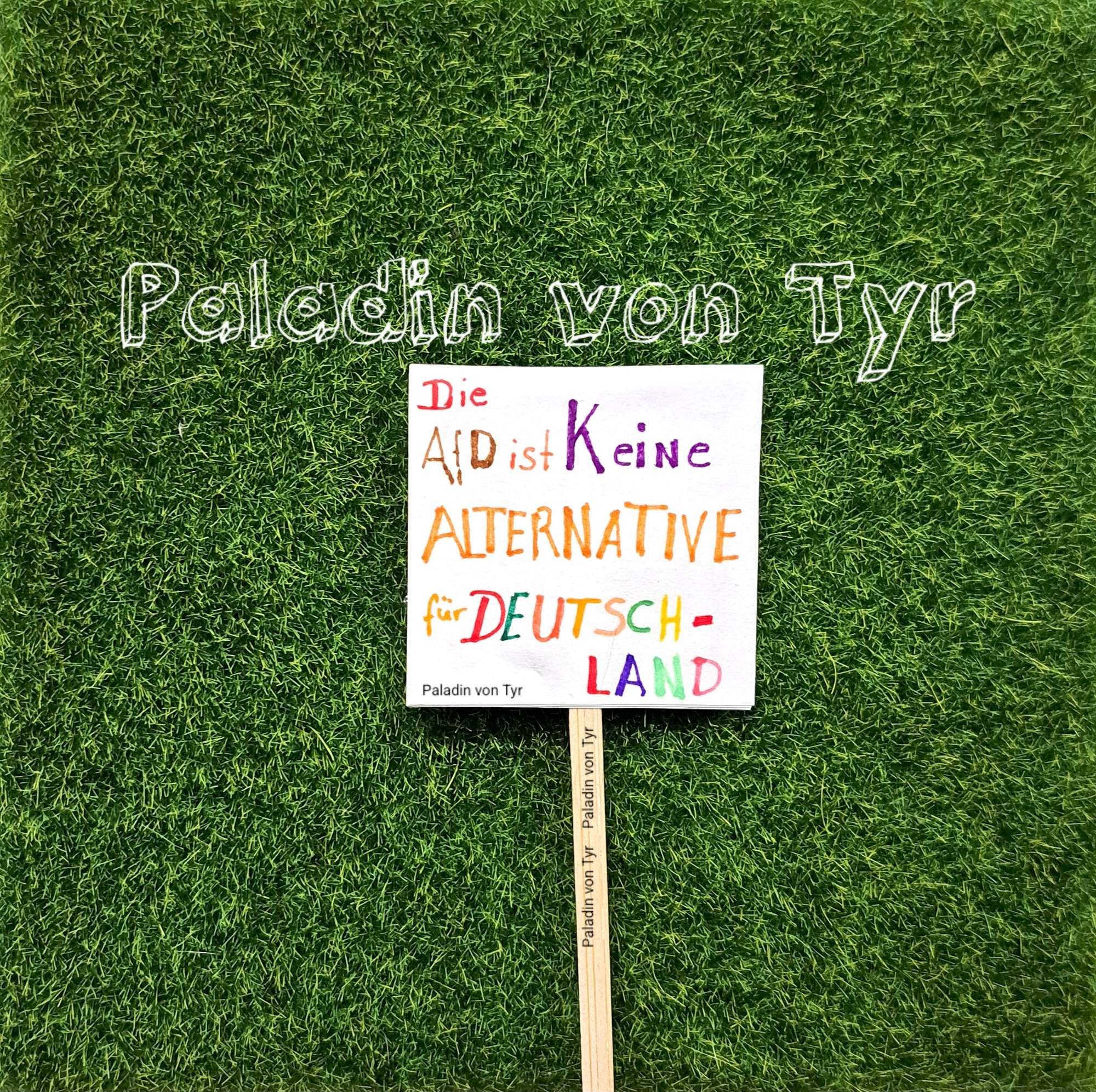 Auf einer grünen Wiese (kleines Stück Kunstgras aus der Bastelecke) liegt ein Schild.
Auf den Schild steht: "Die a f d ist keine Alternative für Deutschland"