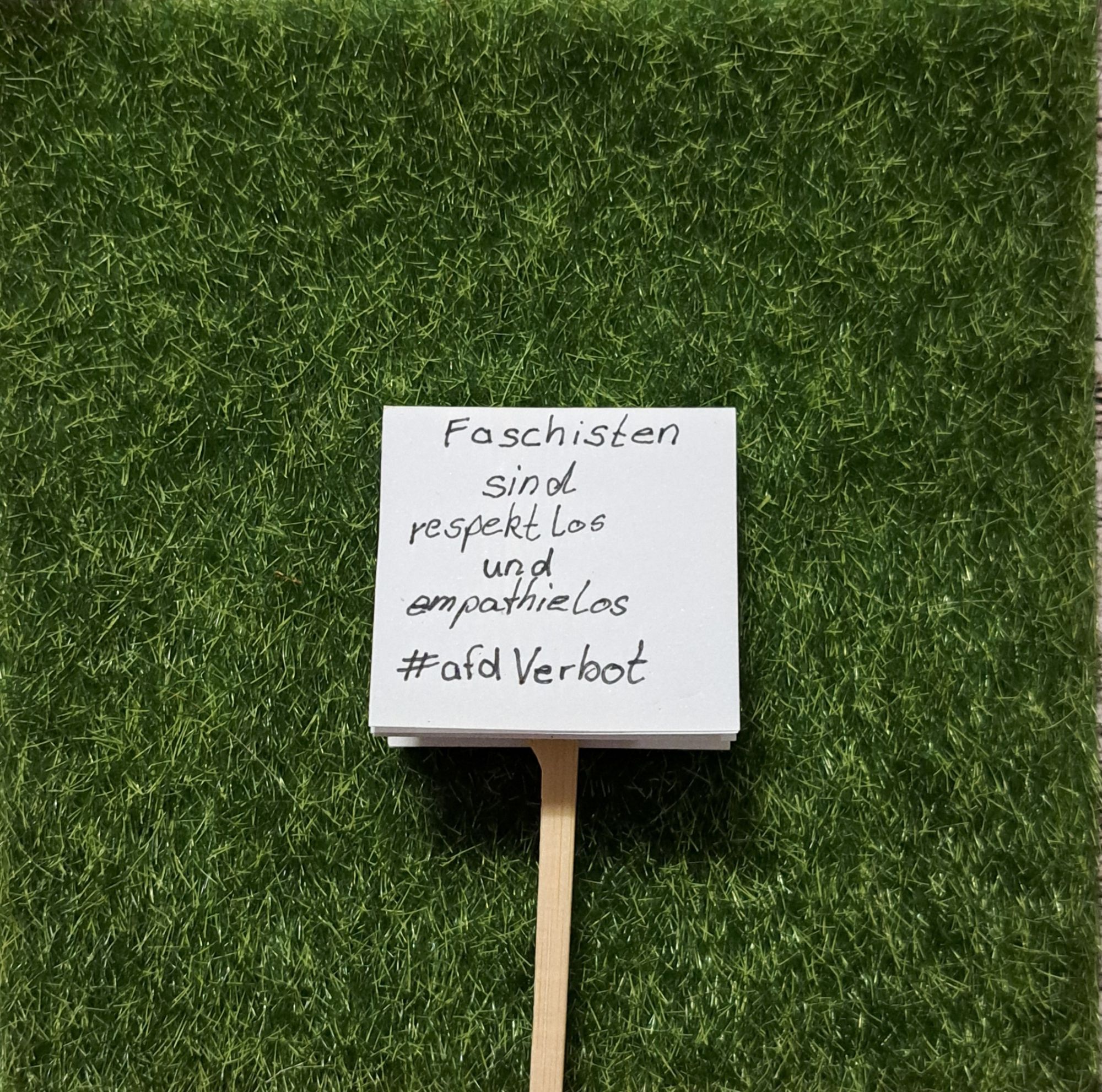 Auf einer grünen Wiese (kleines Stück Kunstgras aus der Bastelecke) liegt ein Schild.
Auf den Schild steht: "Faschisten sind respektlos und empathielos. # a f d Verbot"