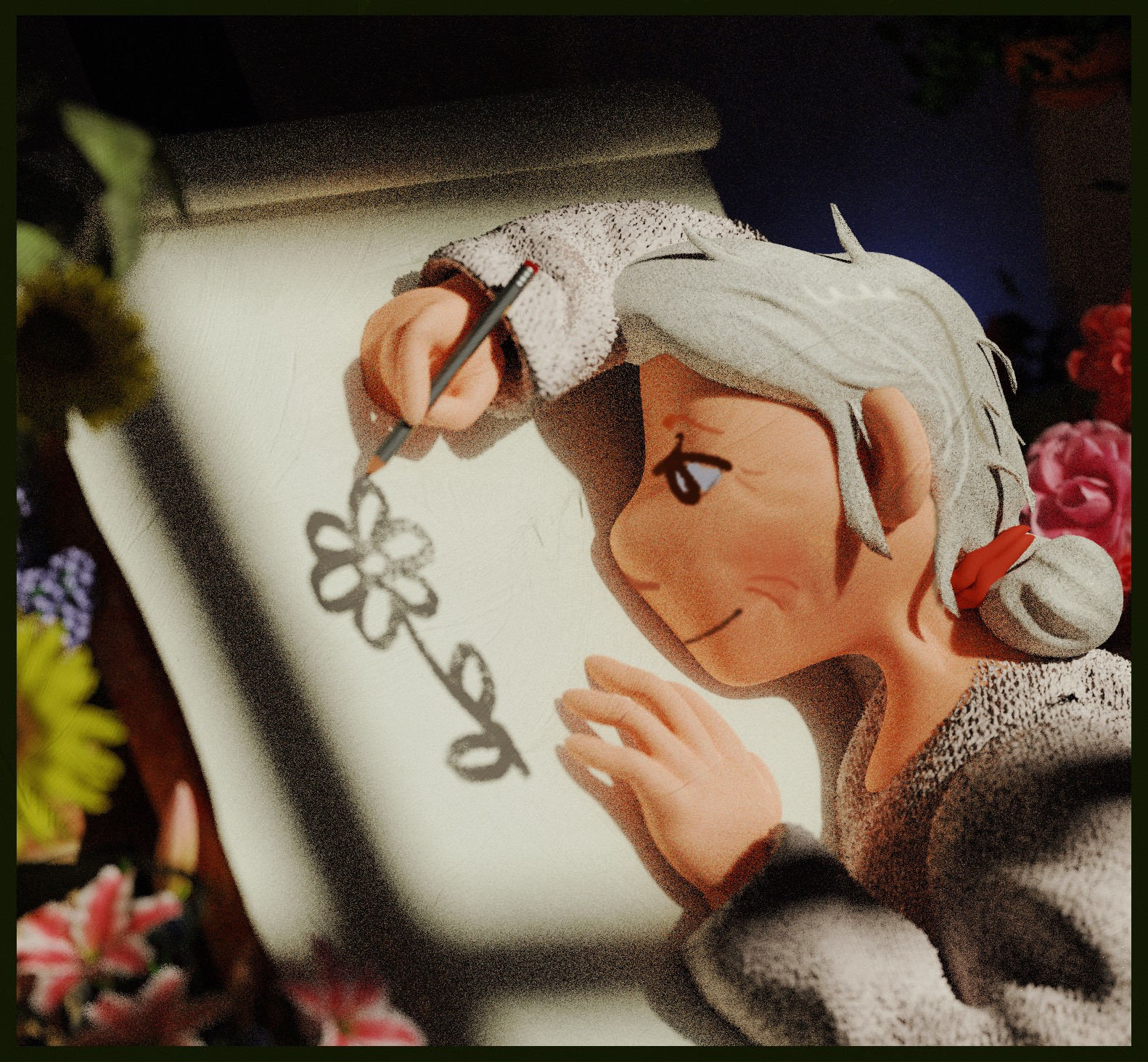 a 3d illustration of an older woman surrounded by plants, drawing a simple flower.