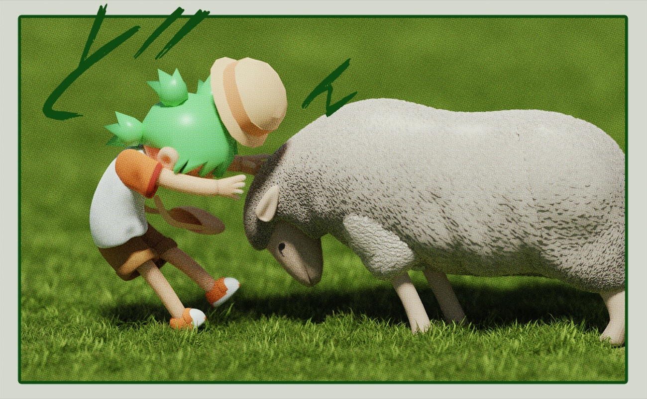 a 3d render of the manga character Yotsuba getting headbutted by a sheep.