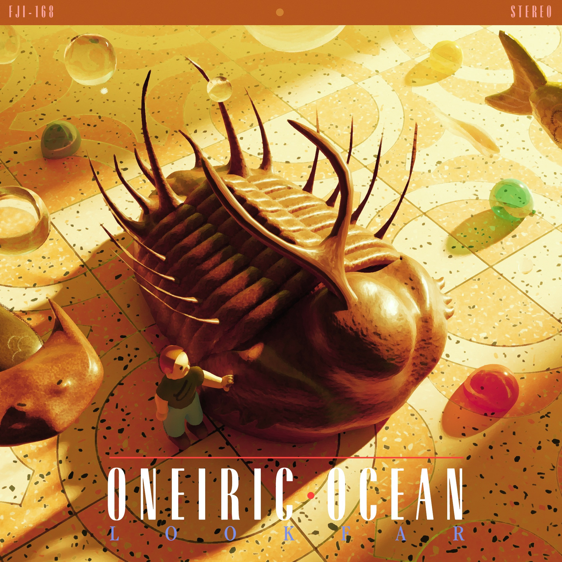 album cover of a large trilobite and a person standing next to it