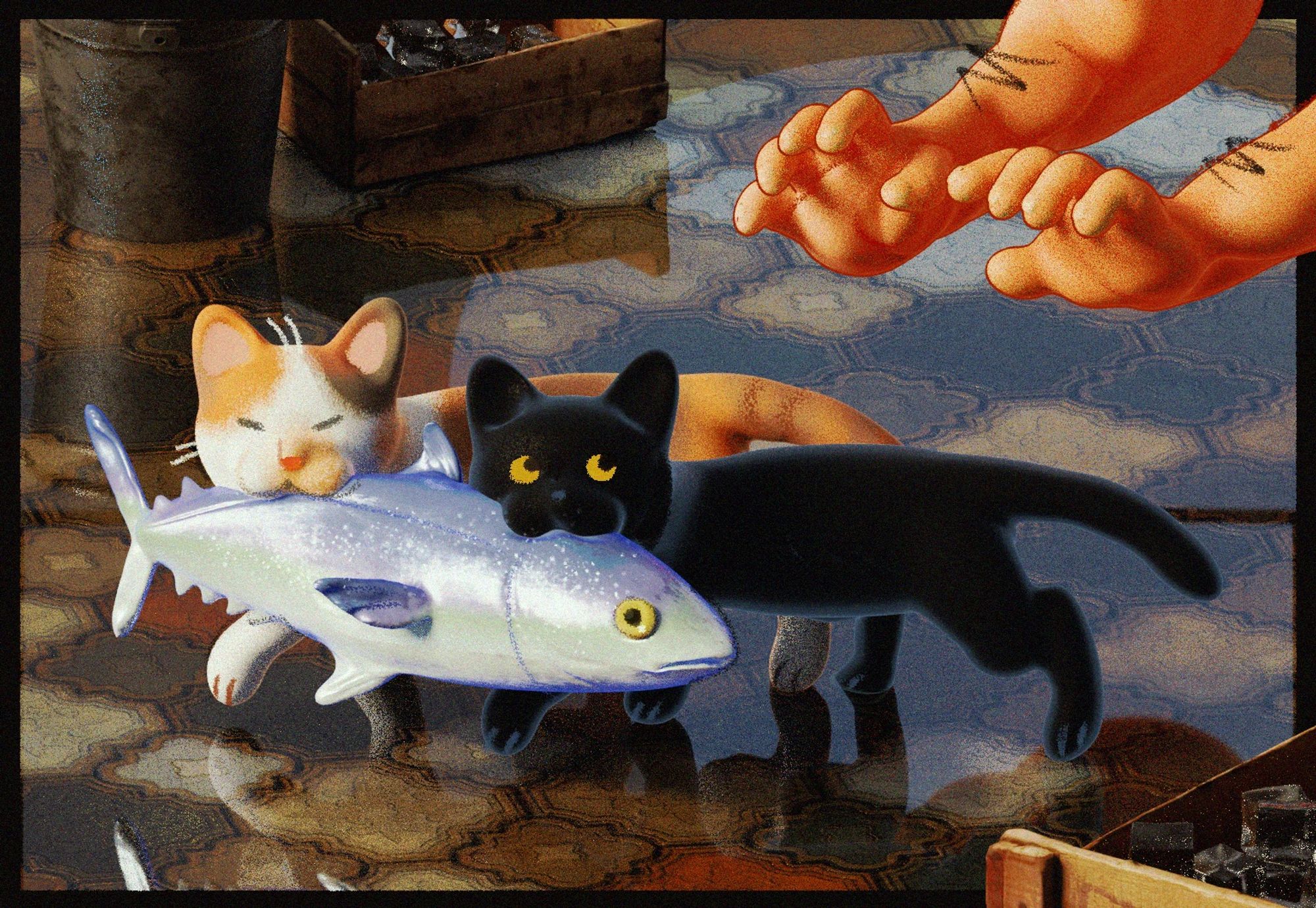 a stylized 3d render of two cats with a big tuna in their mouths. a pair of arms are coming in from off-screen, reaching for them.