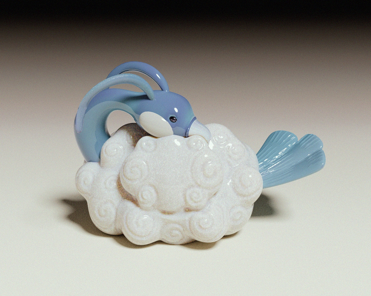 a 3d render of an altaria (a bird pokemon with cloud body and wings) in a japanese netsuke style