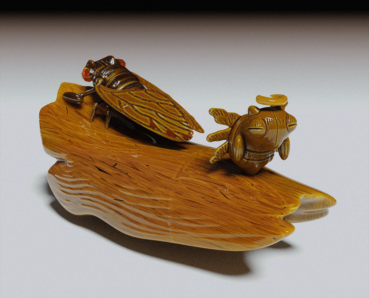 a stylized 3d render of a piece of wood with a ninjask and shedinja (cicada pokemon). it's made in a japanese netsuke lacquered wood style.