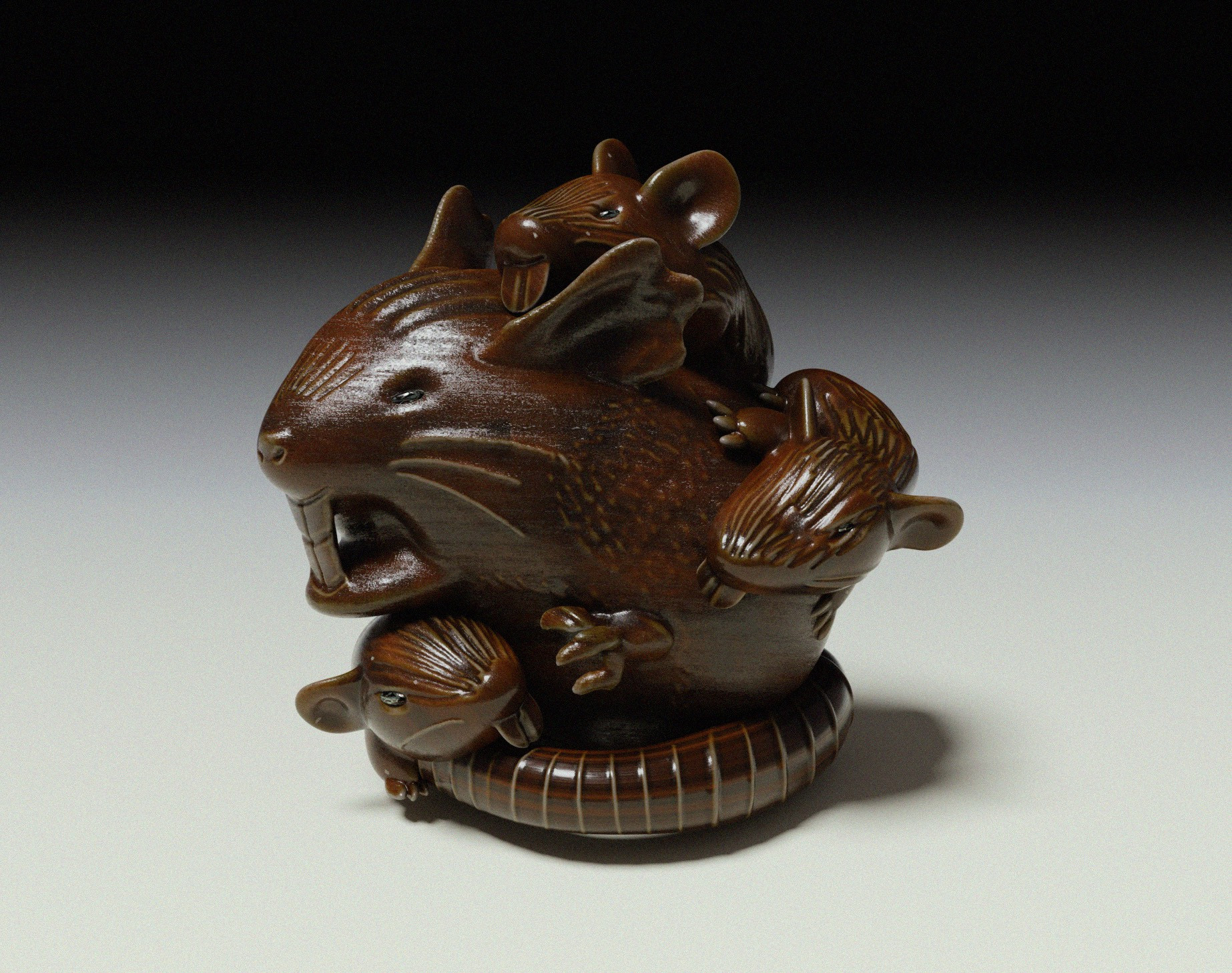 a 3d render of a raticate and three rattata (rat pokemon) in dark wood, in an emulation of japanese netsuke carving