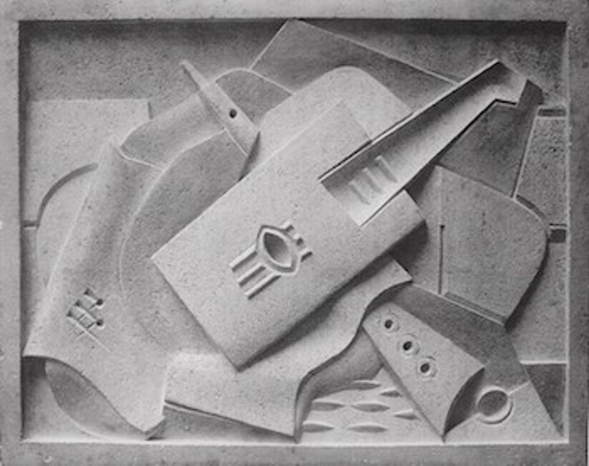 a 3d still life sculpture of a guitar and other instruments by Jacques Lipchitz