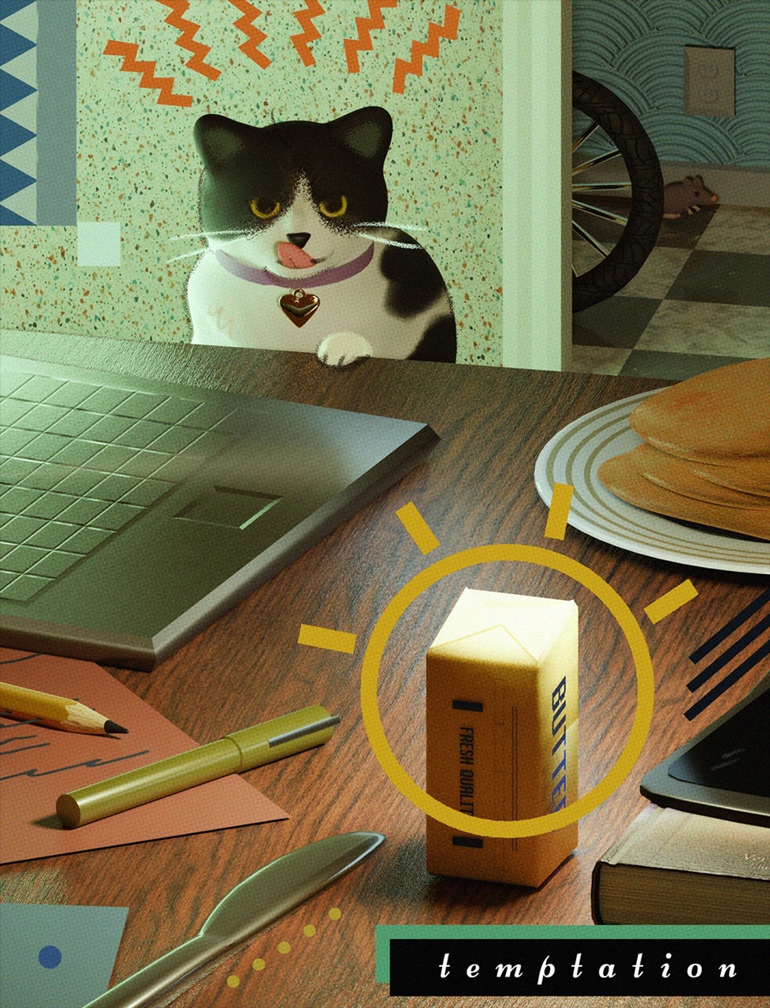 a 3d render of a cat looking lasciviously at a stick of butter, rendered in a 90s ad style.