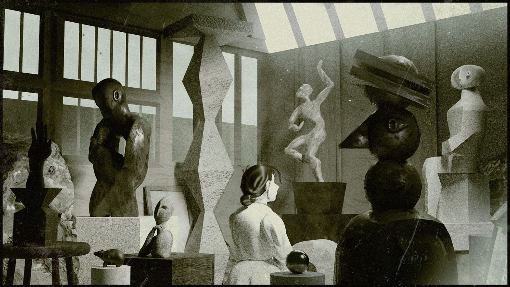 a 3d stylized render emulating the look of an old photograph. it is of a woman standing in her sculpture studio, facing right. all of her statues and figures in a variety of styles face left.