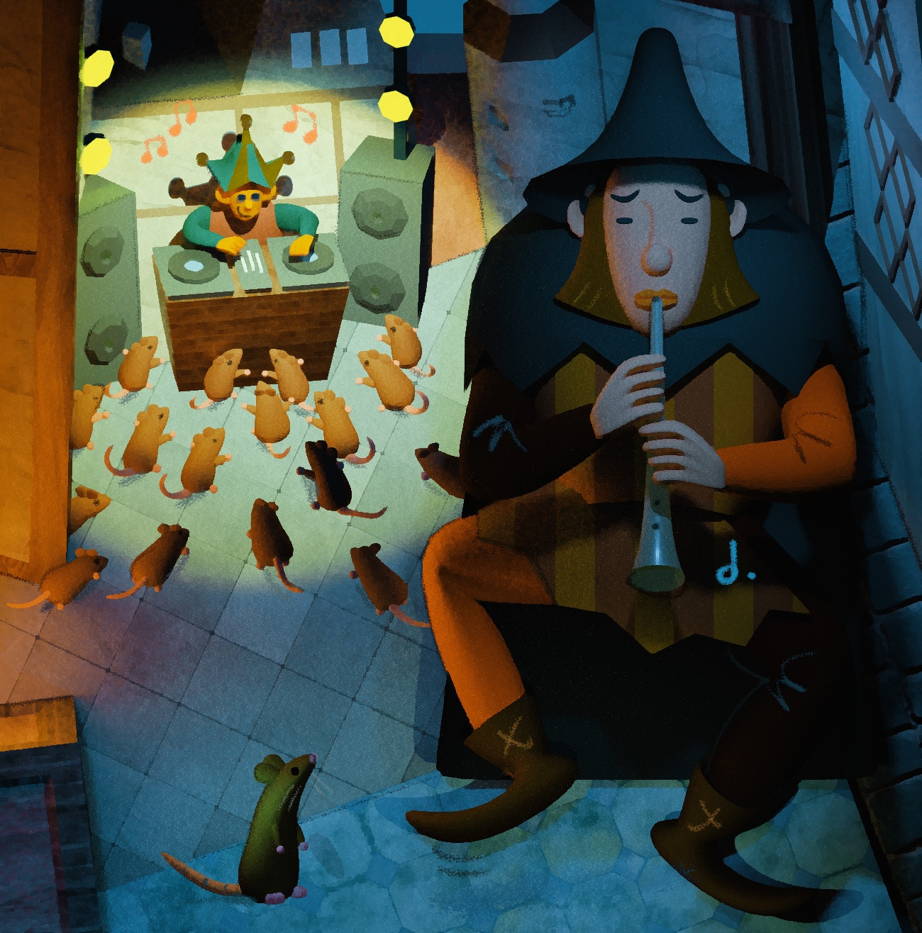 a stylized 3d render of the pied piper, sadly playing for one rat while a dj jester plays for many.