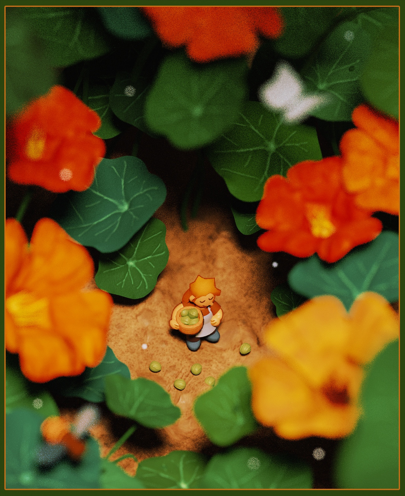 a 3d render of a miniature girl collecting nasturtium seed pods, surrounded by large leaves and flowers.