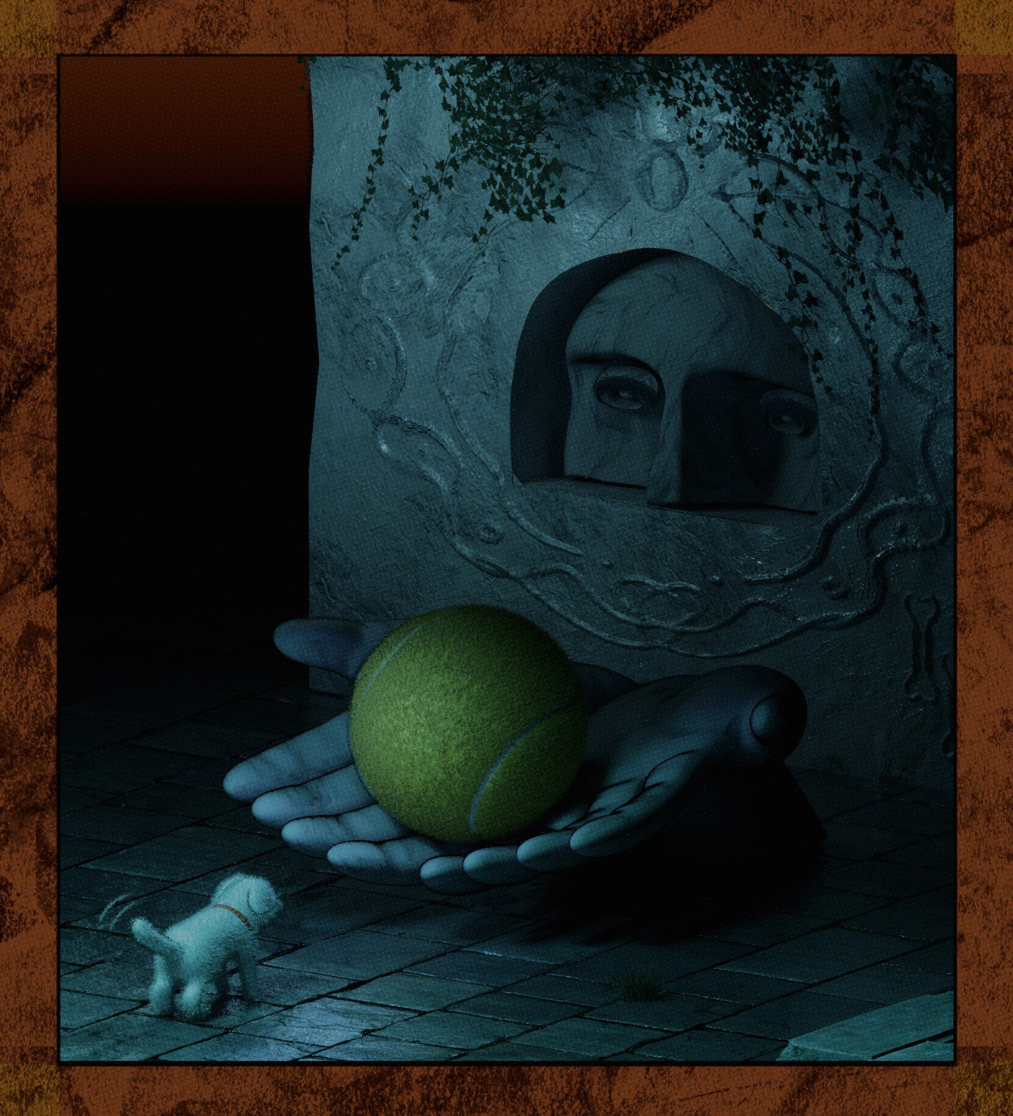 a 3D render of a mysterious shrine, with half a human face hidden an alcove, offering a giant tennis ball to a white dog.