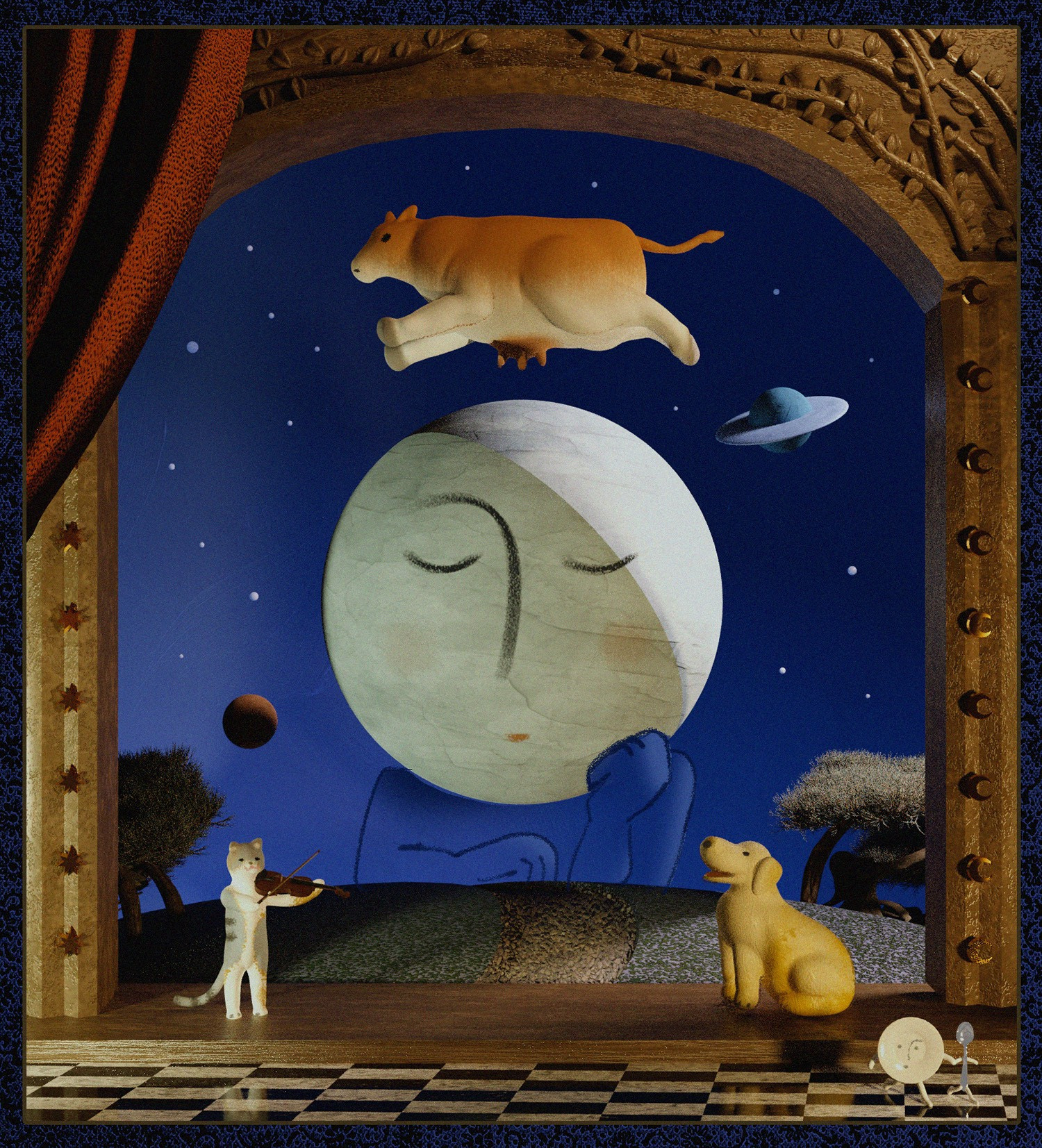 a stylized 3d render of the nursery rhyme "hey diddle diddle." the moon is lost in thought as a brown cow leaps above.