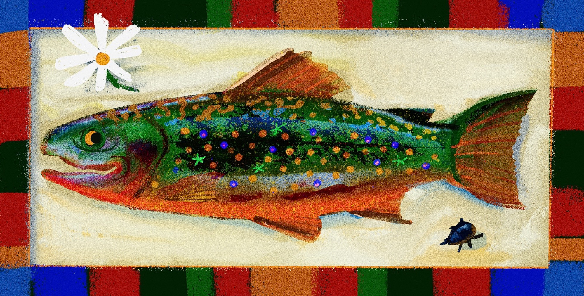 painting of a brook trout with a flower and beetle