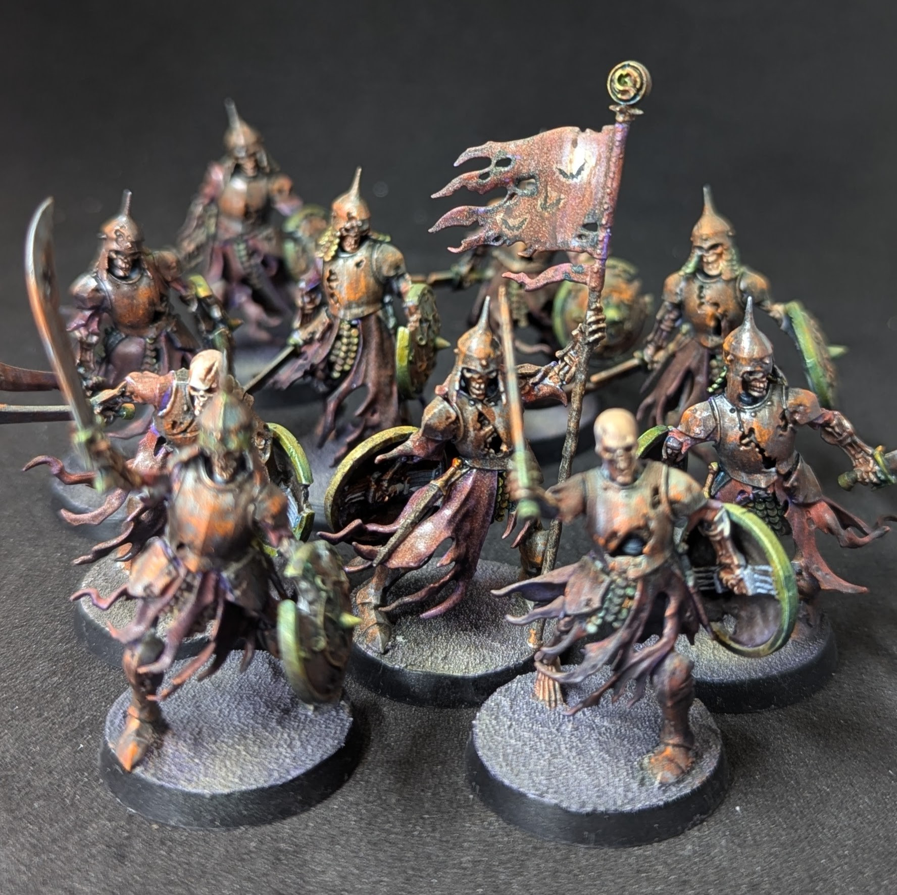 Several Deathrattle Skeleton miniature figures from Games Workshop's Age of Sigmar range