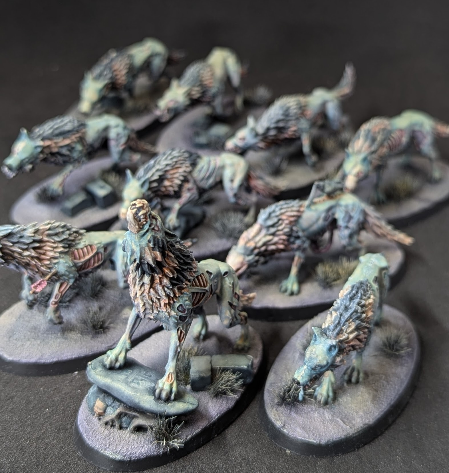 A group of Dire Wolf miniature figures from Games Workshop's Age of Sigmar range. They have scraps of skin and fur missing to show their innards.