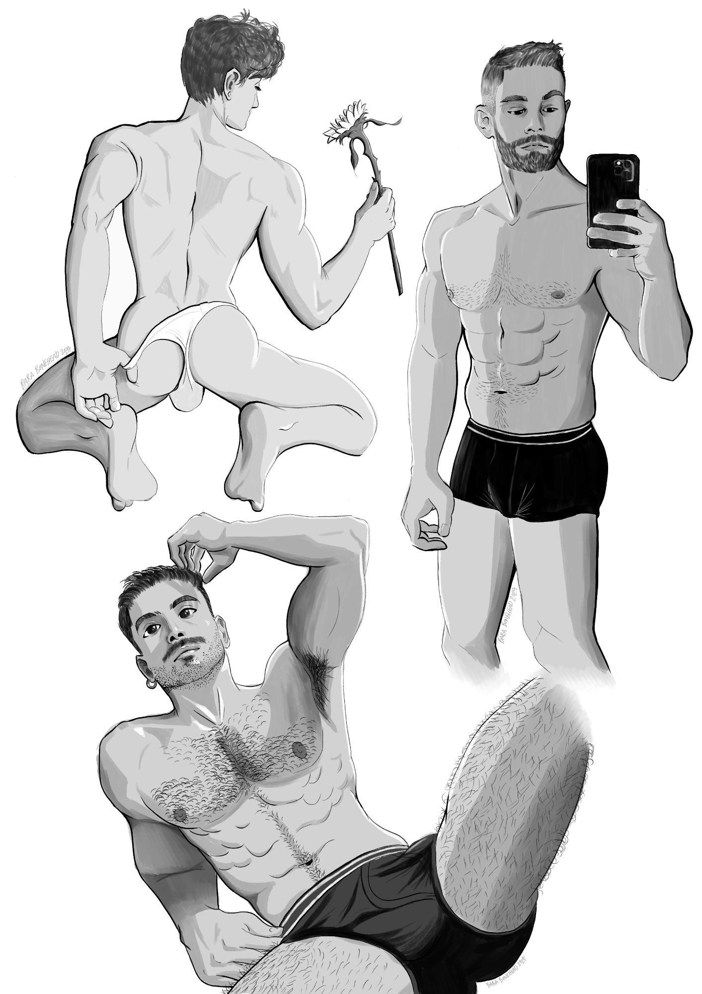 A black and white illustration of three men clad only in their underwear. The top left male figure - porn model Hazel Hoffman - has his back to the viewer and is holding a flower in his right hand. His left thumb is hooked around the strap of the white thong he is wearing and has pulled it slightly down.
The male figure on the right - porn model Griffin Barrows - is holding his phone up taking a mirror photo. He is wearing black underwear. 
The bottom male figure - Twitter model ZeidMoon - is reclined back and resting on his right arm. His left arm is raised and has his hand to the top of his head, as if he is scratching it.