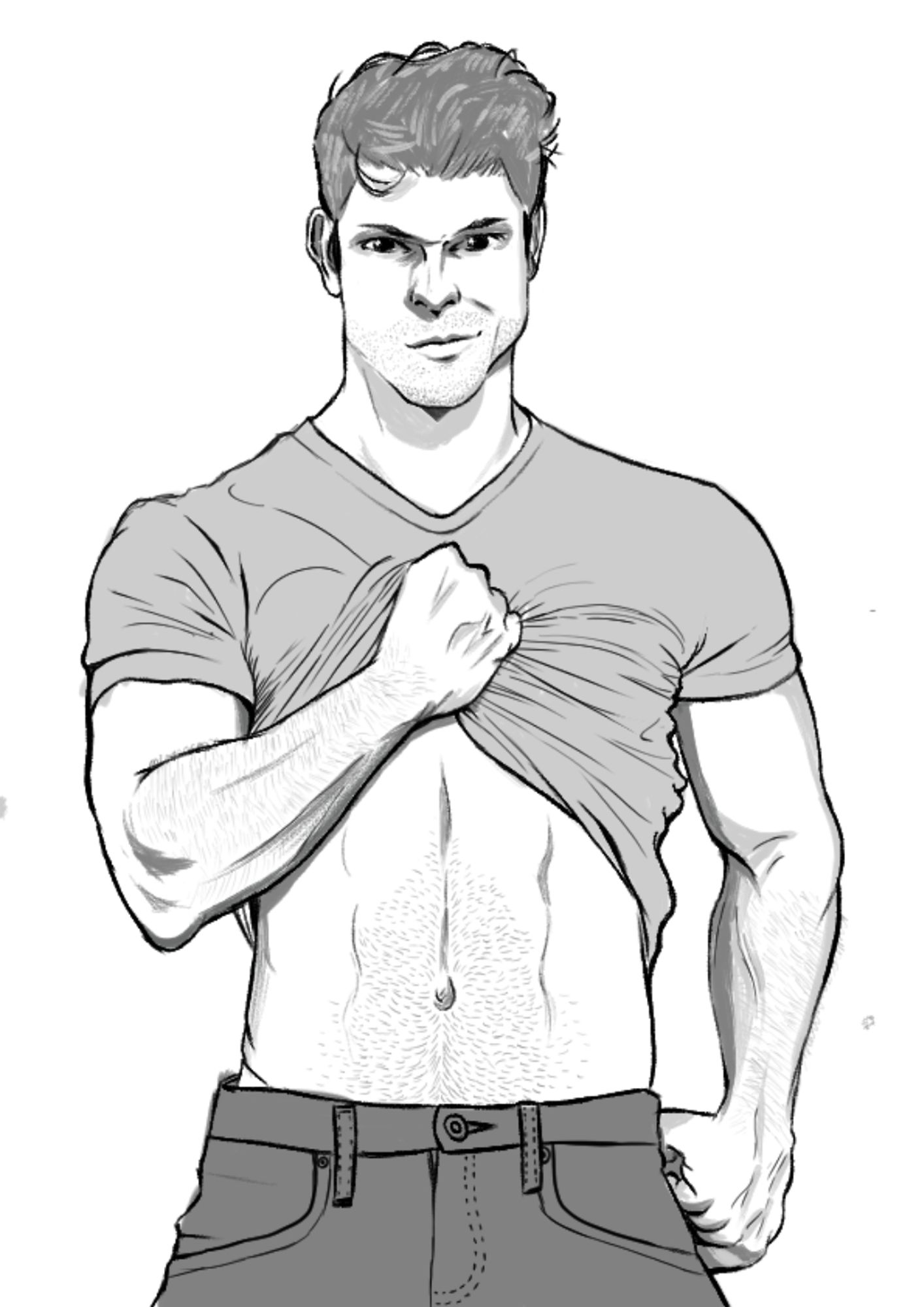 A black and white illustration of porn actor Devin Franco. He is wearing a simple t-shirt and jeans, with the hem of the shirt pulled up to reveal his abs. He is smirking at the viewer.