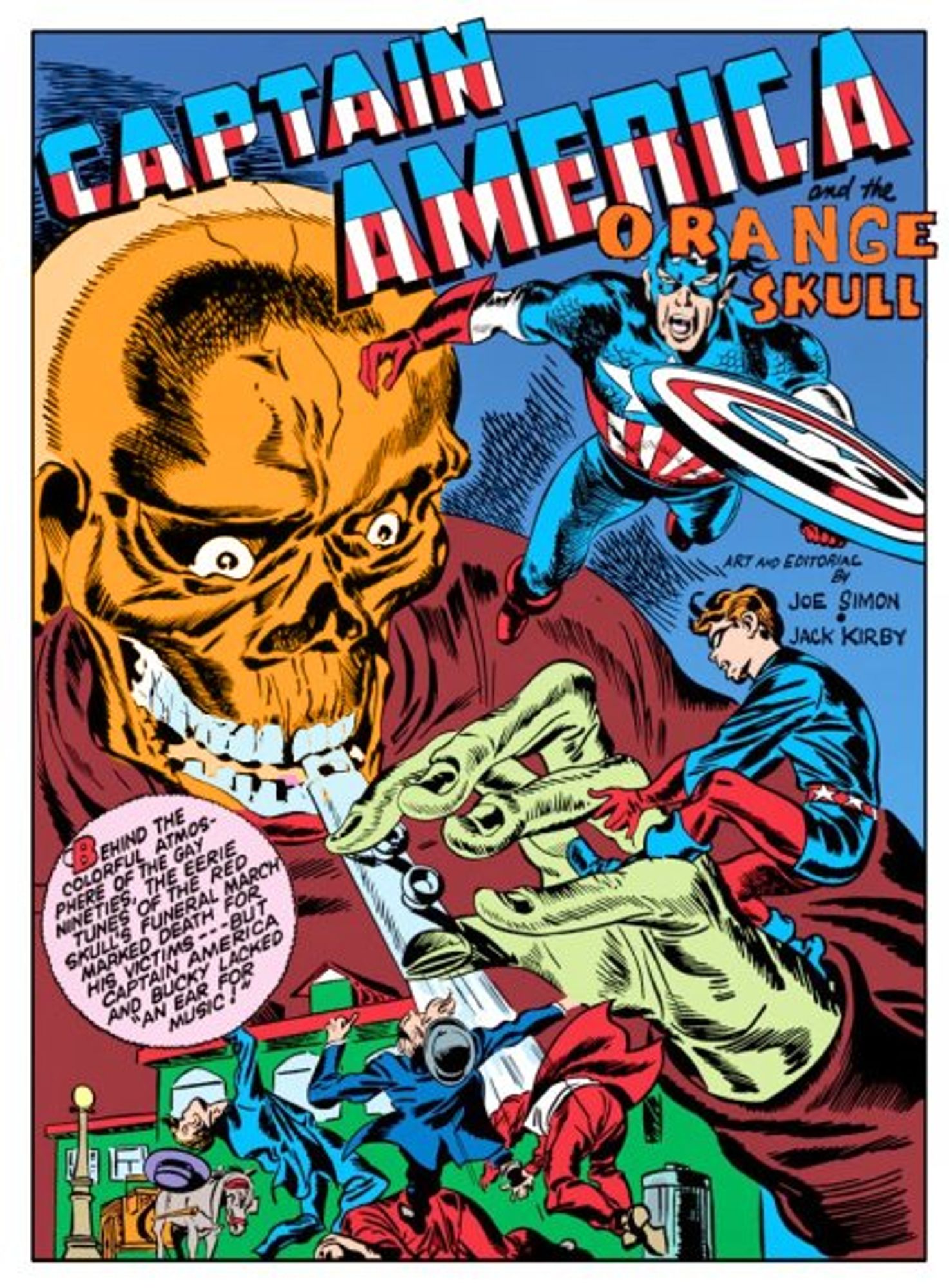 Comic splash page with Red Skull fighting Captain America and Bucky, but with the name and skull color photoshopped to "orange."