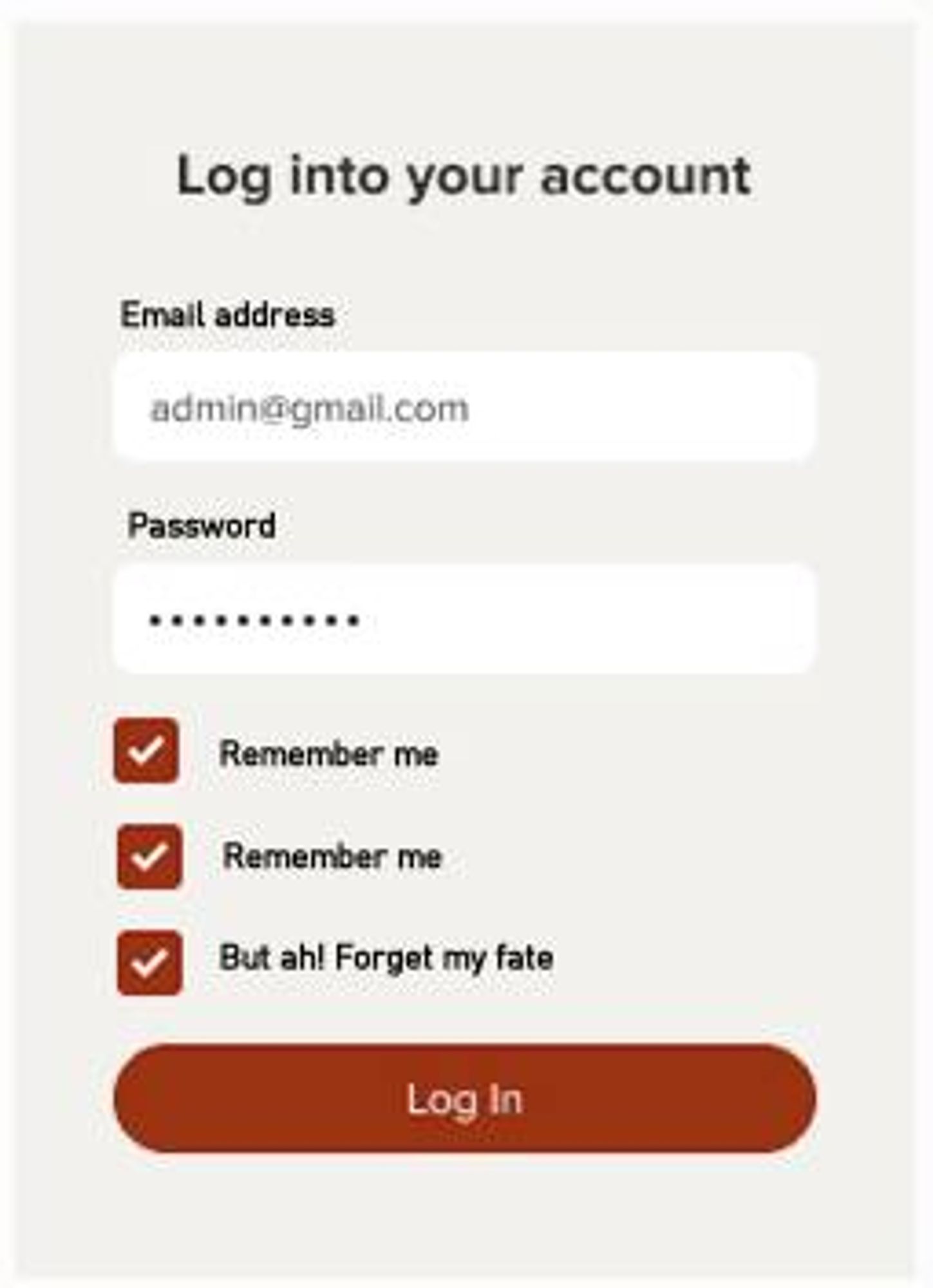 An email login screen with checkboxes for "remember me," "remember me" and "But ah! Forget my fate"