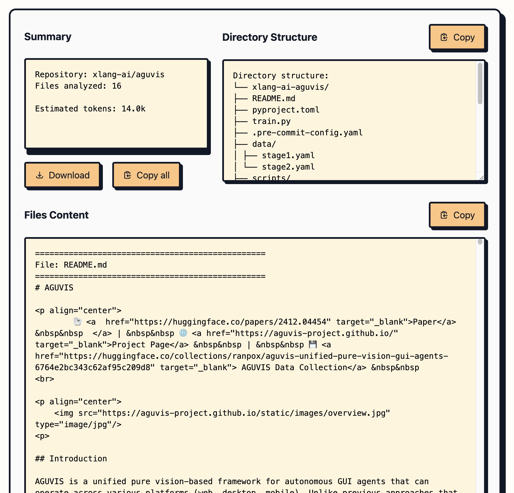 Replace "github" with "gitingest" in the url, and you get the whole repo as a single string that you can then paste in your LLMs