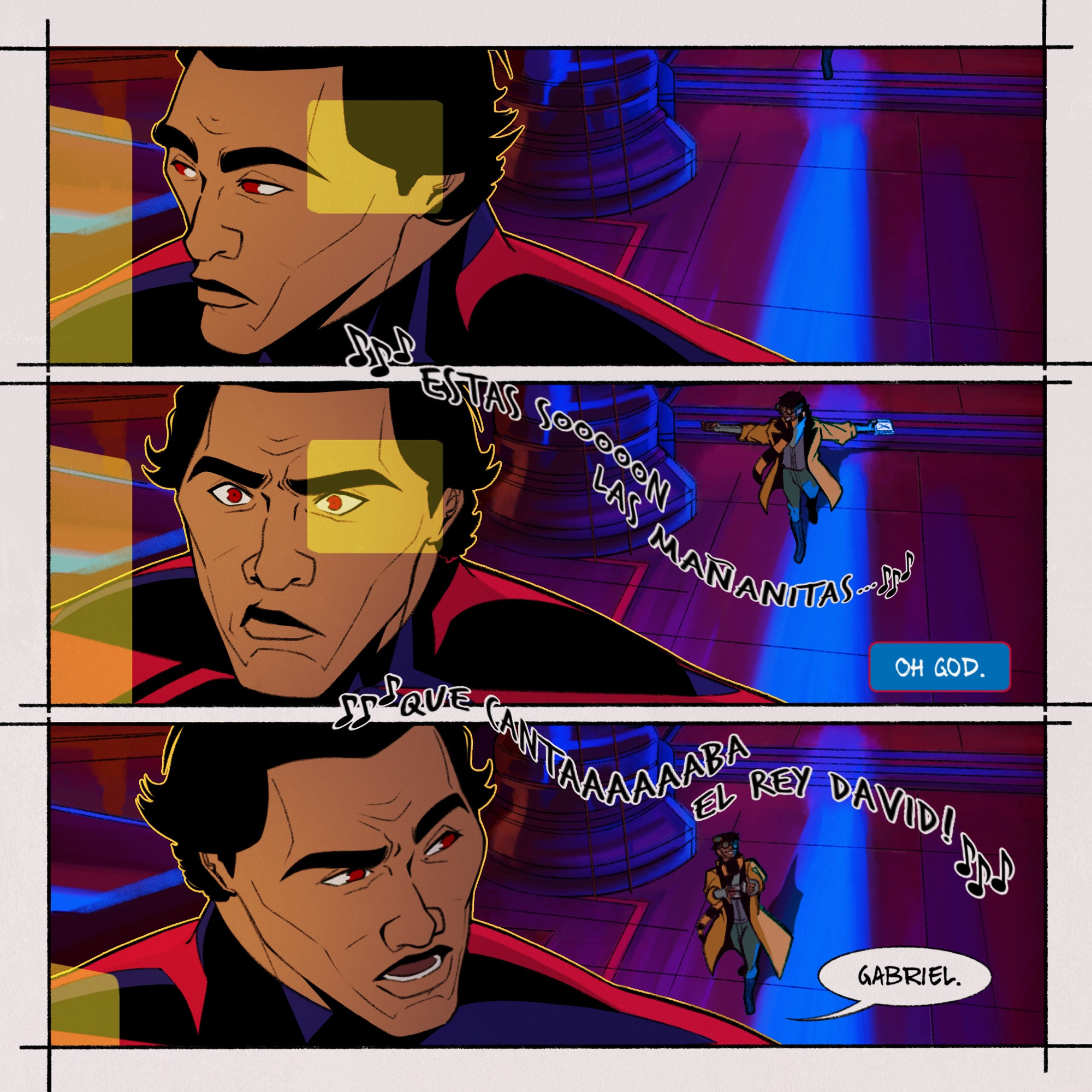 Panel 1: 
Miguel continues working, unaware that someone is approaching
Panel 2:
Gabriel enters singing Las Mañanitas by Vicente Fernández.
Miguel thinks “Oh God” before addressing his brother.
Miguel: Gabriel.