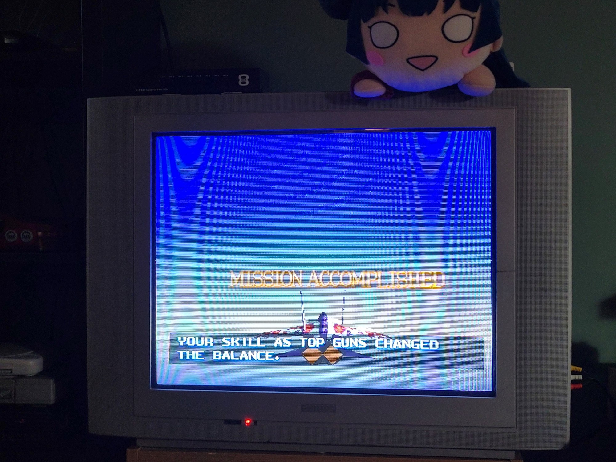 A pic of my CRT with the Mission Accomplished screen from the final stage of Air Combat